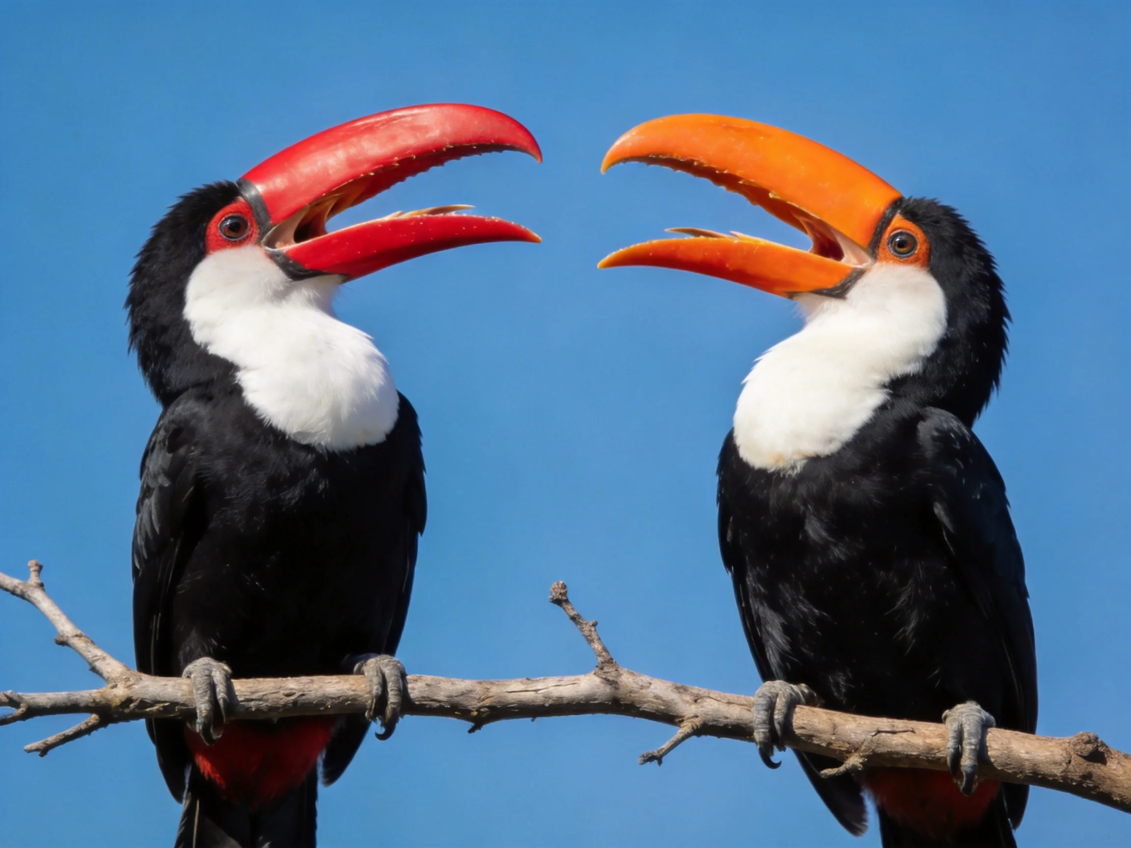 Twocans with colorful beaks face each other while sitting on a branch.