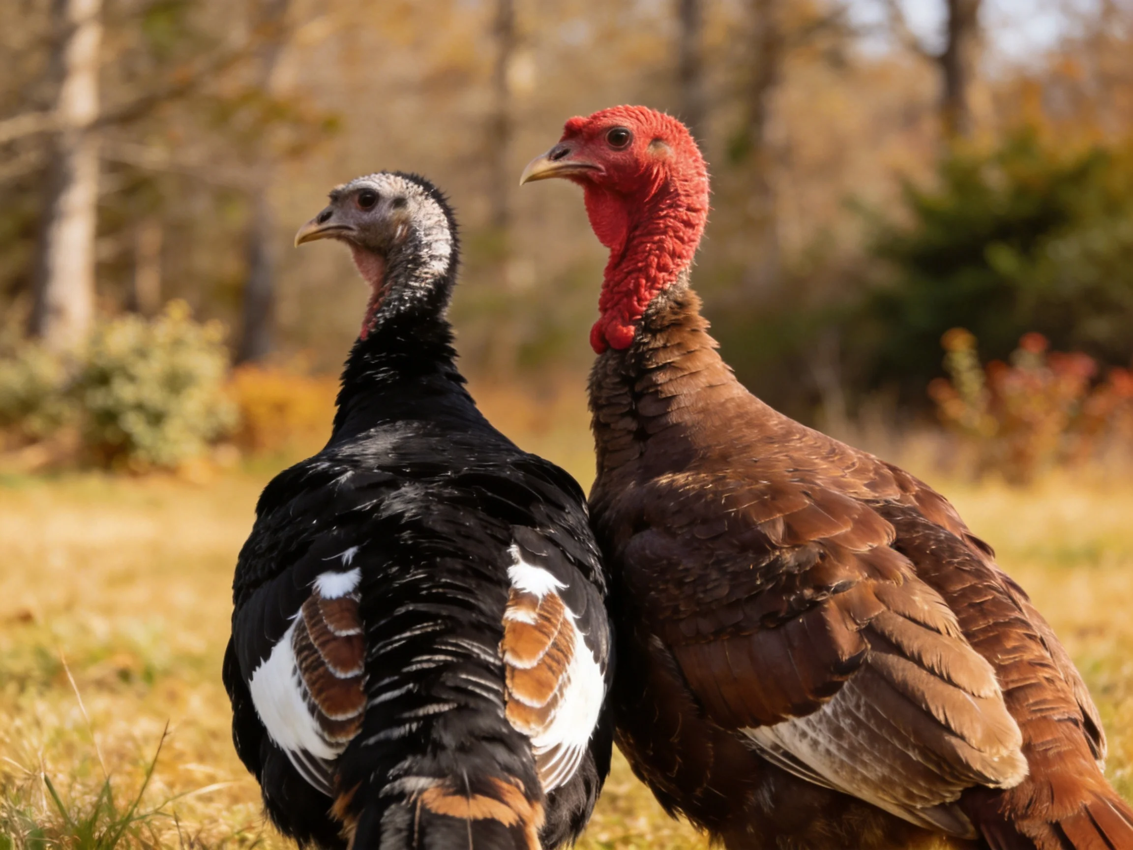 Two turkeys, one black with white-brown feathers, one brown with red head, in a wooded area