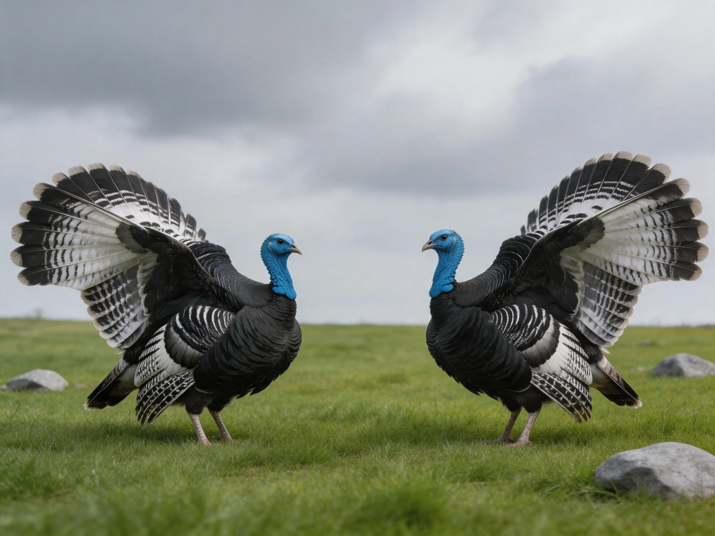 Two turkeys with blue necks spread wings on a grassy field