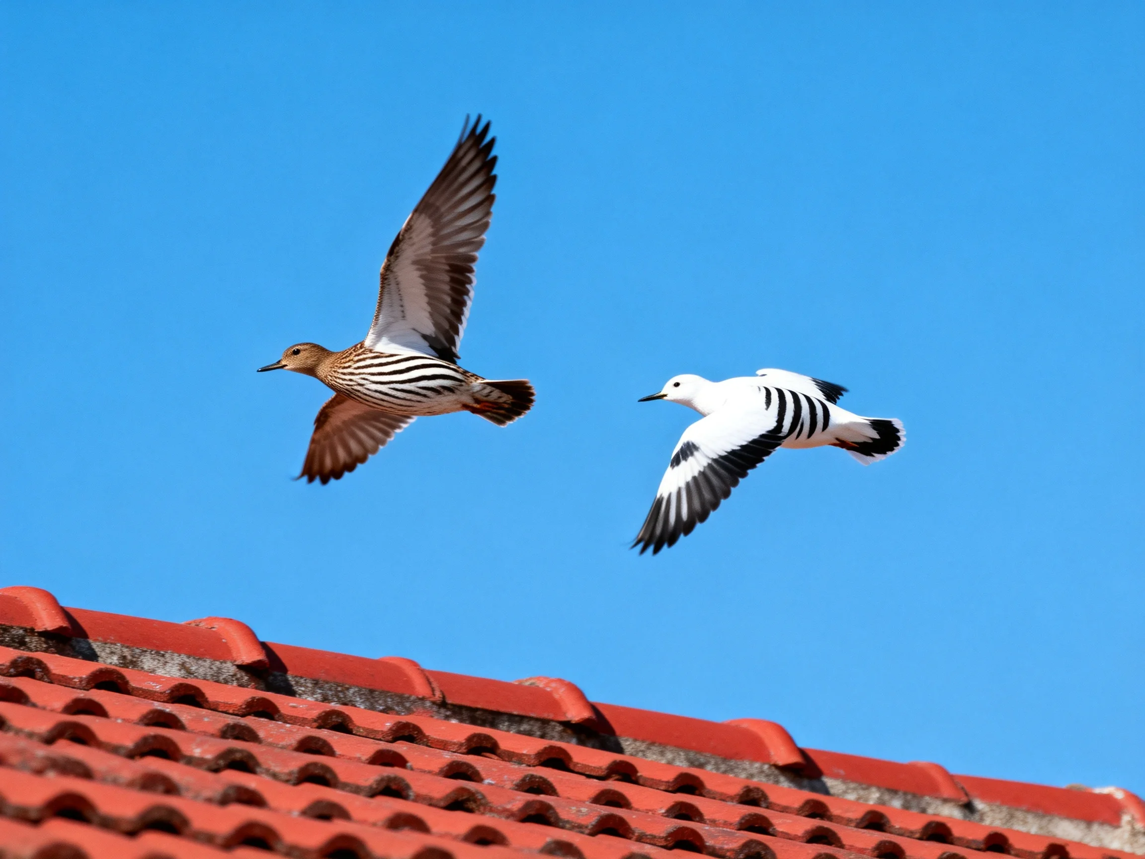Two uniquely patterned birds fly over red-tiled roof with bright blue sky