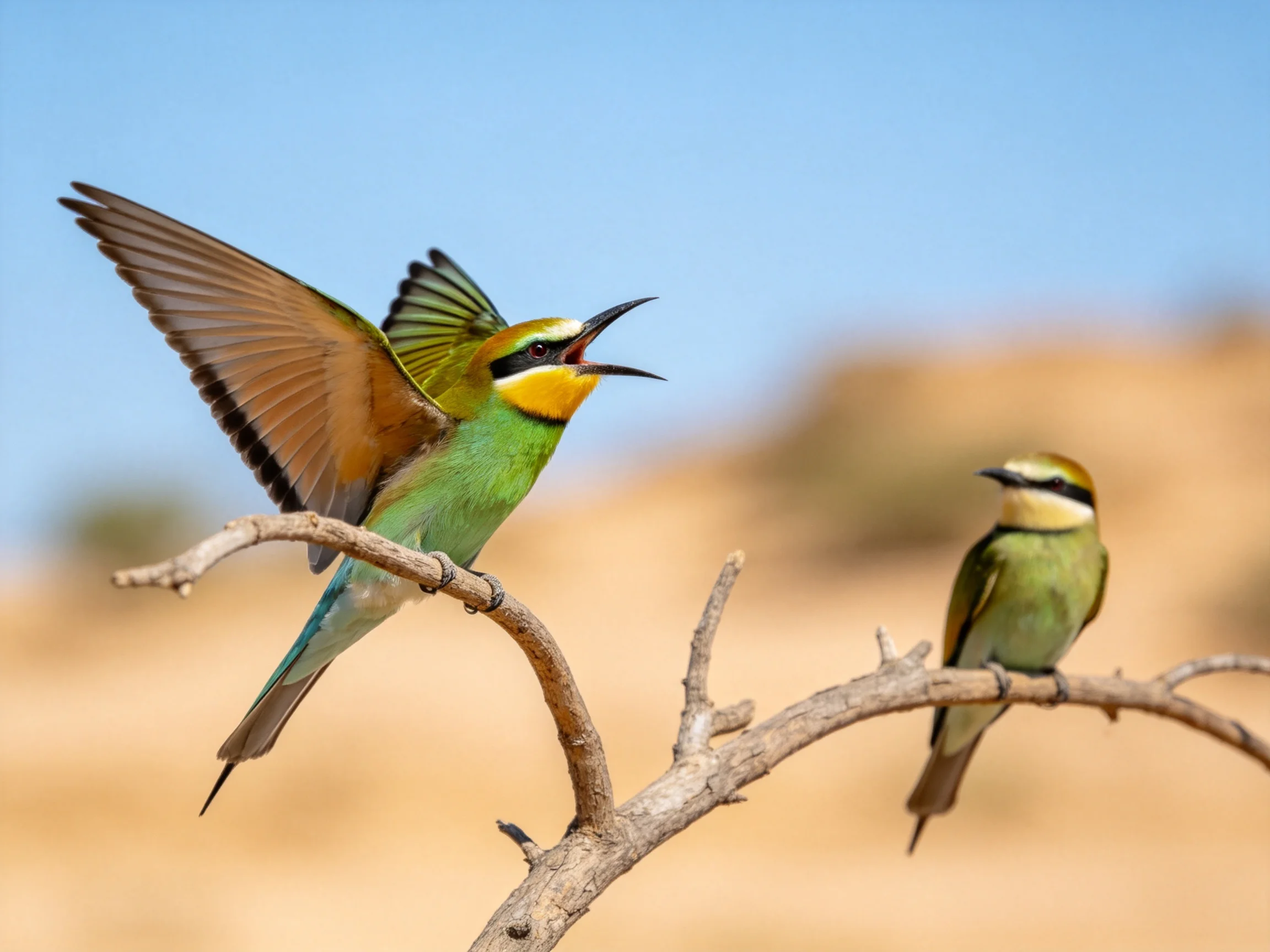 Two vibrant bee-eaters on a dry branch against a clear sky