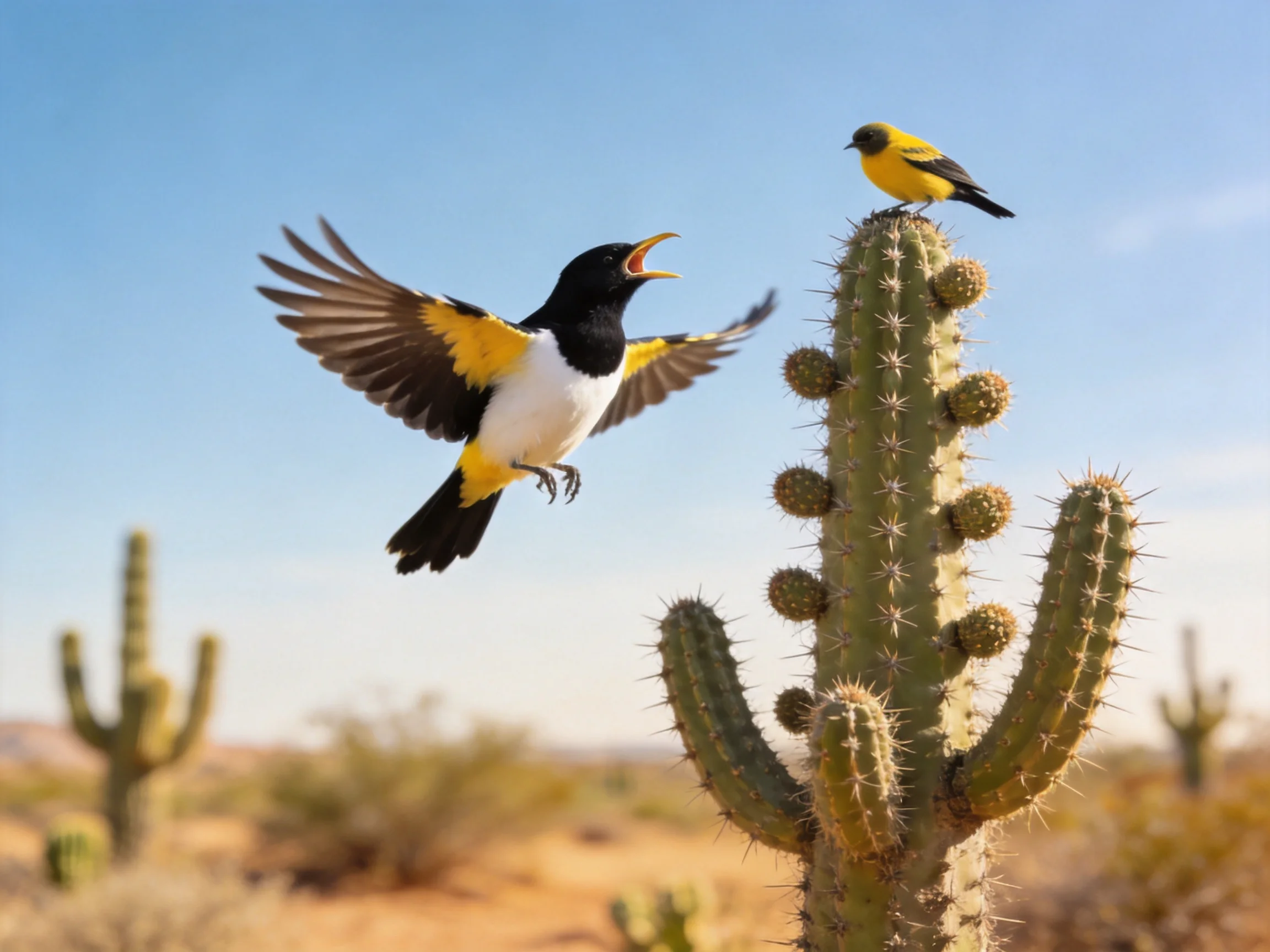 Two vibrant birds near tall saguaro cacti in an arid desert environment