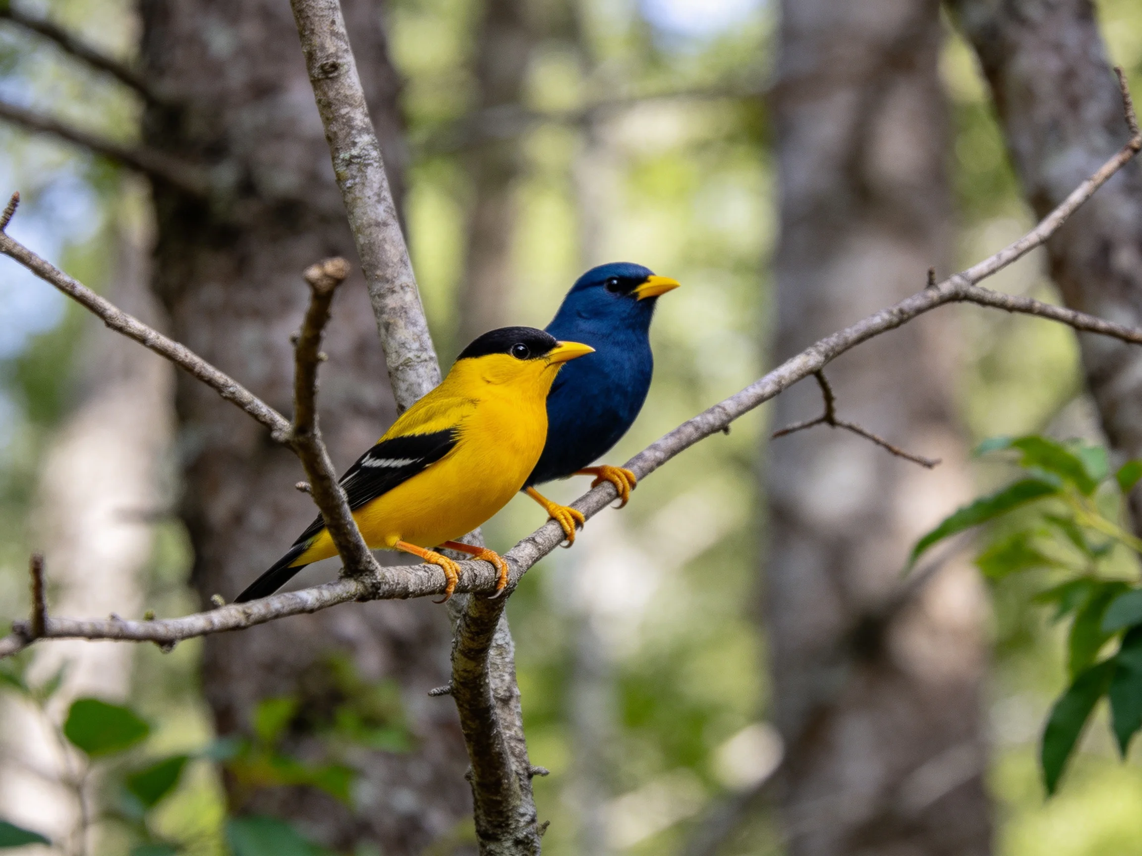 Two vibrant birds rest on a tree branch among forest trees