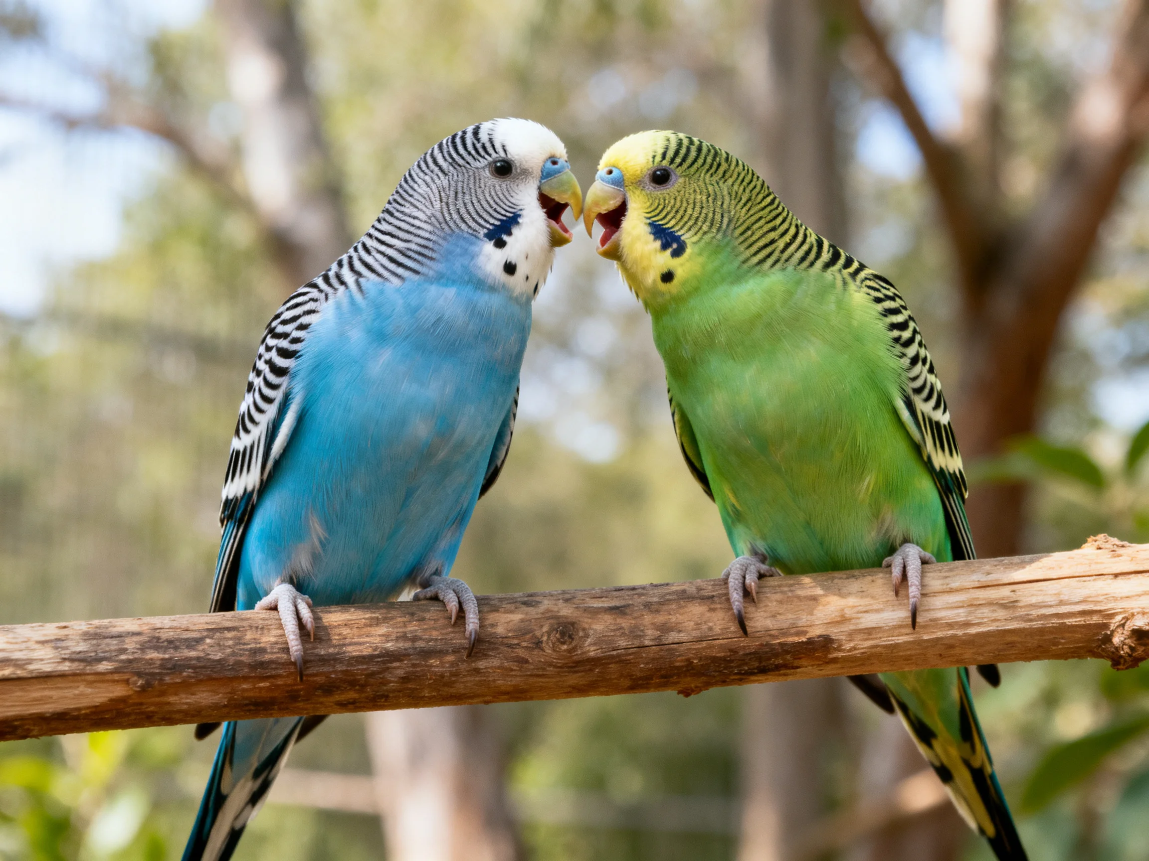 Two vibrant budgerigars nuzzle on a wooden branch outdoors