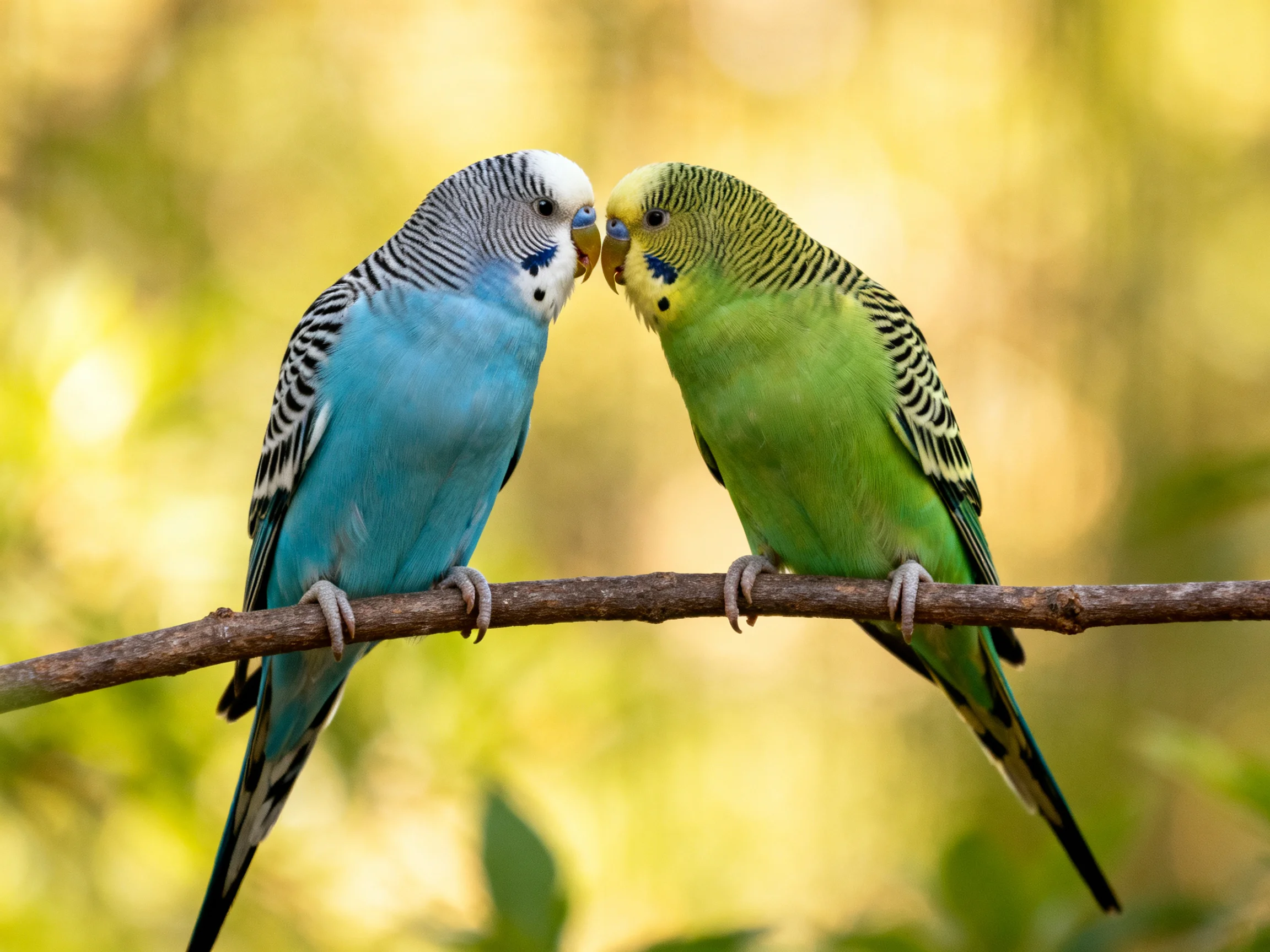 Two vibrant budgerigars nuzzle together on a thin branch