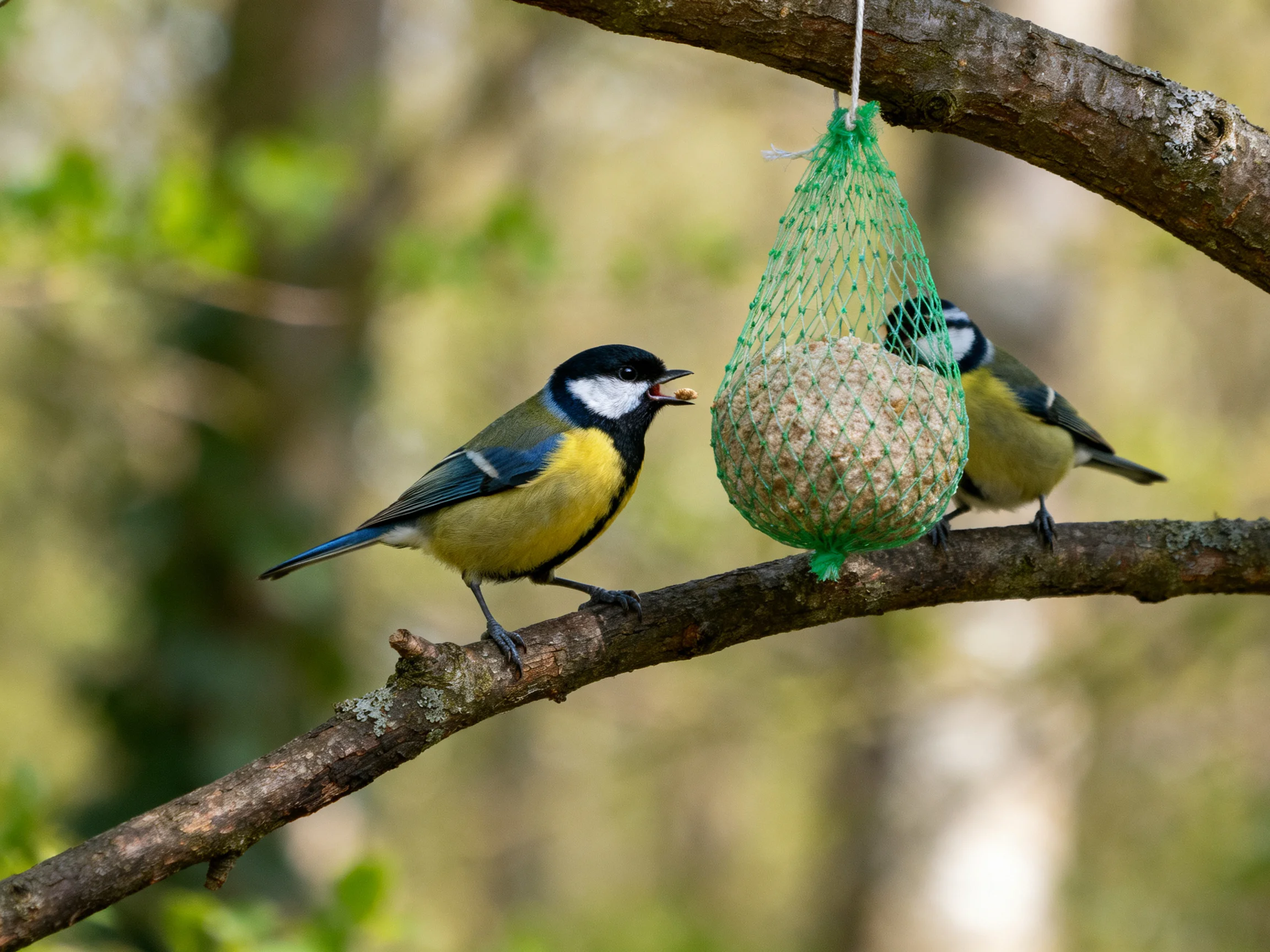 Two vibrant great tits near a green mesh bird feeder on tree branches