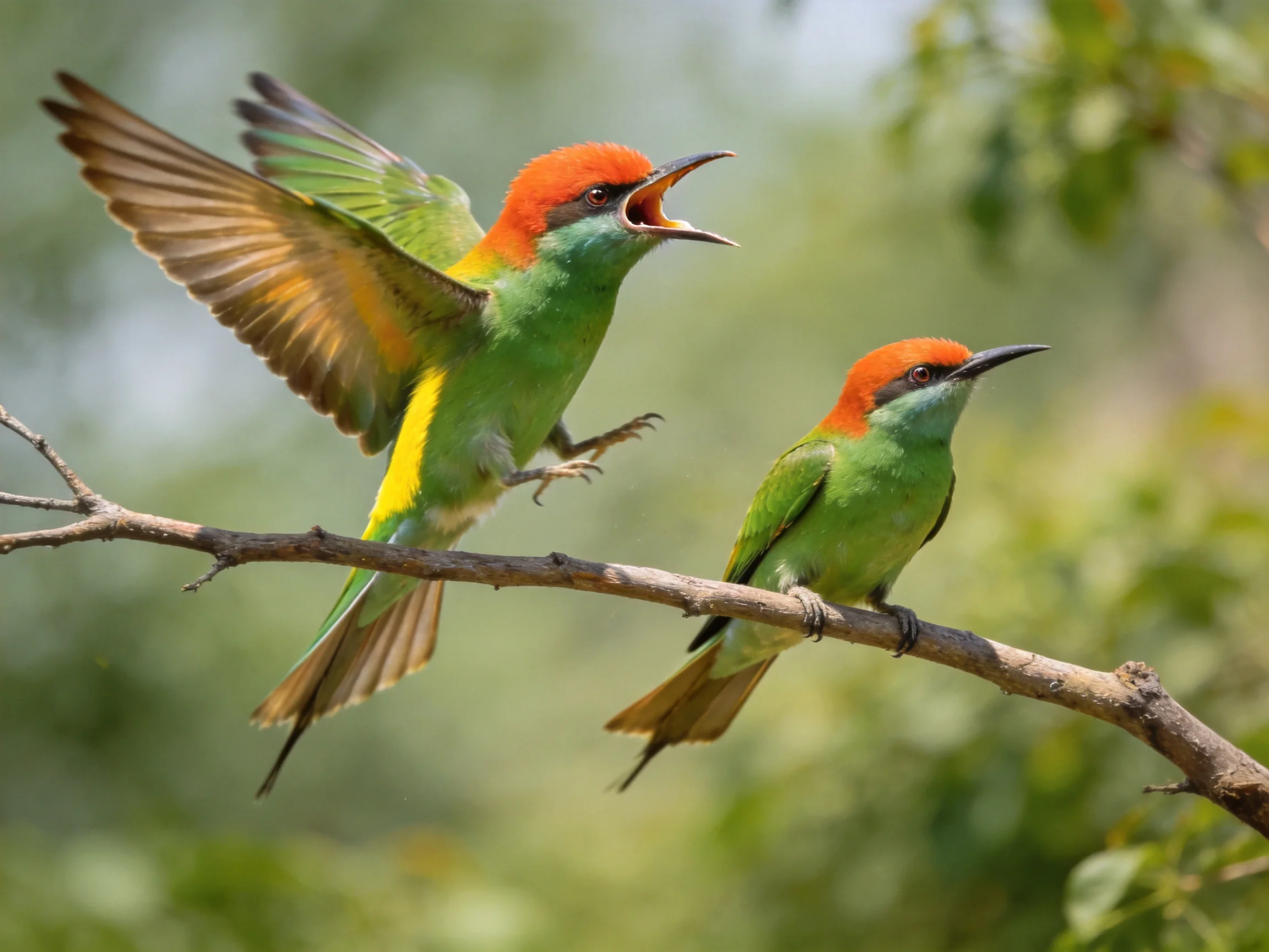 Two vibrant green and orange bee-eaters on a tree branch