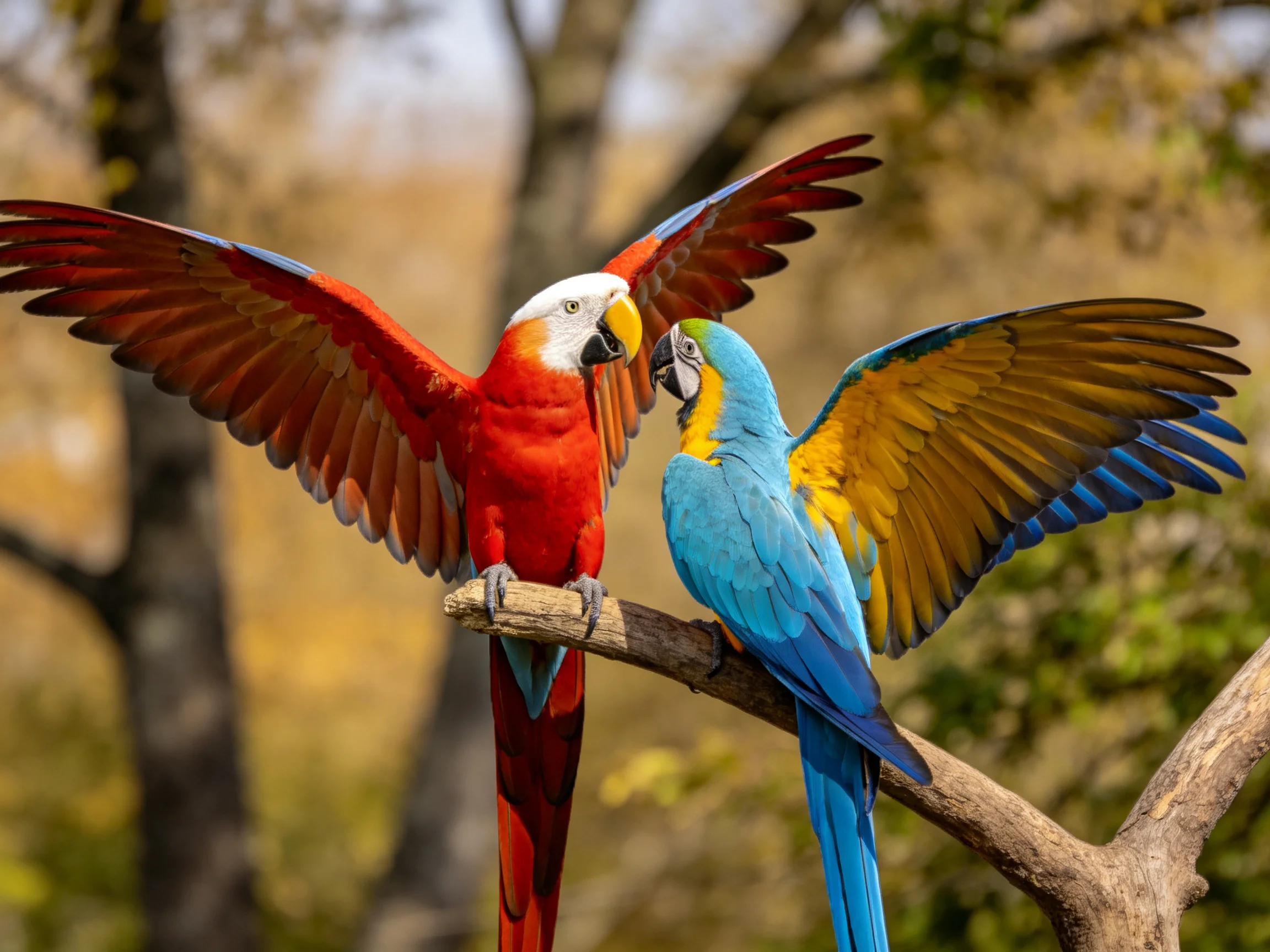 Two vibrant macaws interact on a tree branch