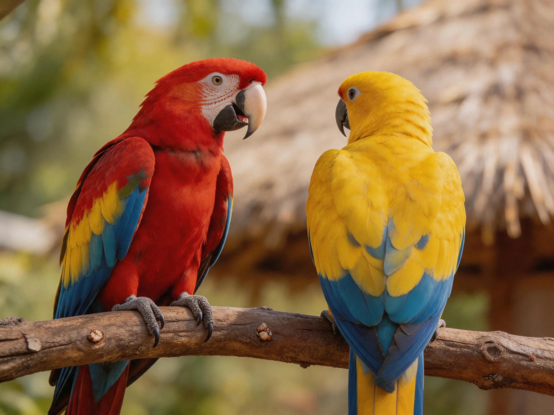 Two vibrant macaws perched on a wooden branch near a thatched shelter