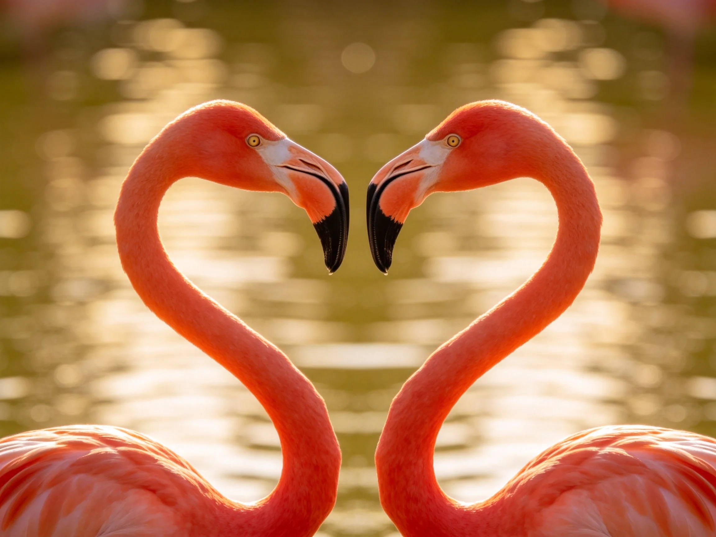 Two vibrant pink flamingos form heart shapes by a golden water source