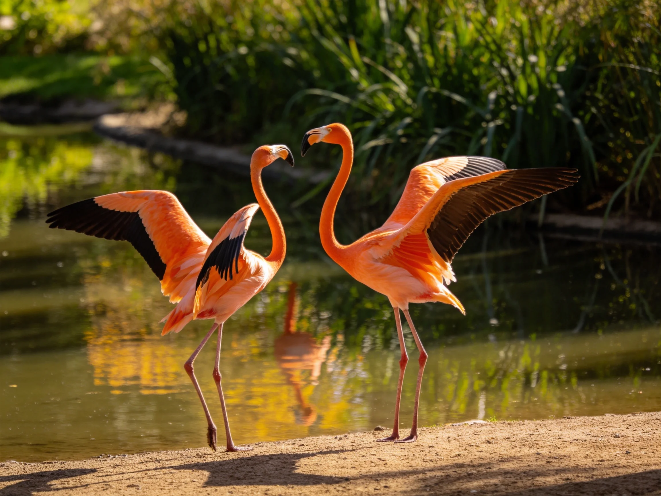 Two vibrant pink flamingos interact by a calm water body
