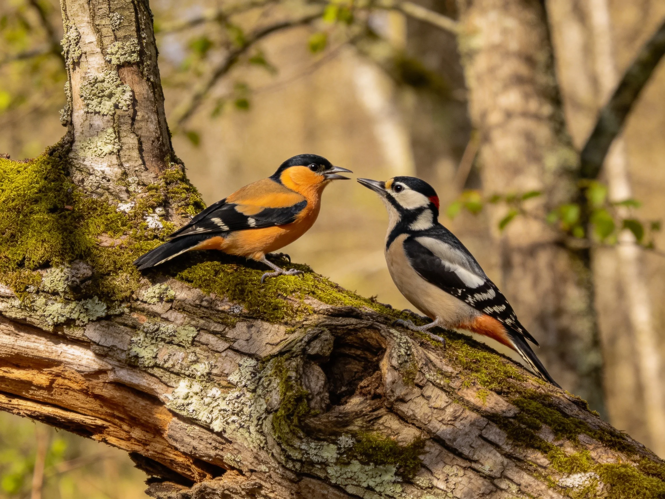 Two vibrantly colored birds interact on a moss-covered tree branch