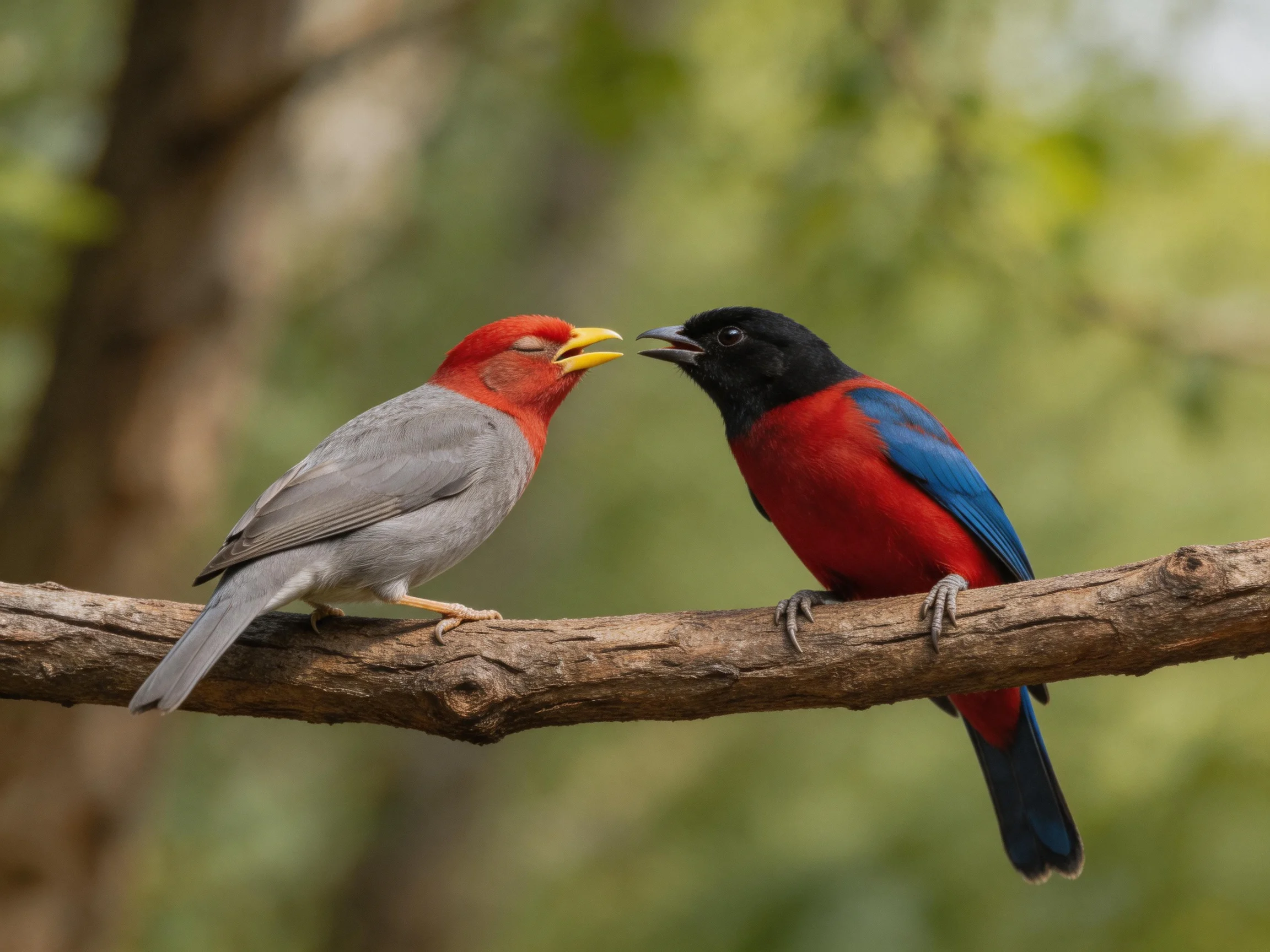 Two vibrantly colored birds interact on a weathered tree branch amid lush greenery.