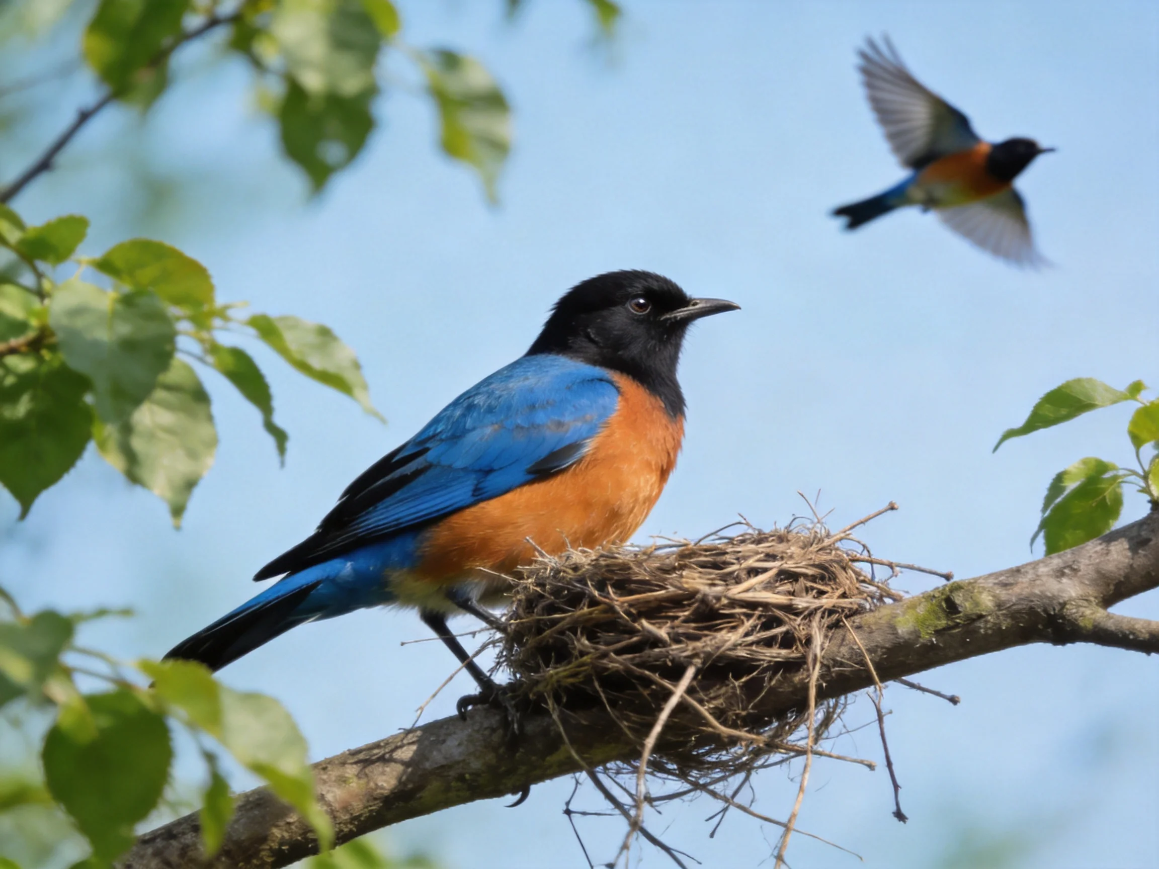 Two vibrantly colored birds, one on a twig nest, on a tree branch