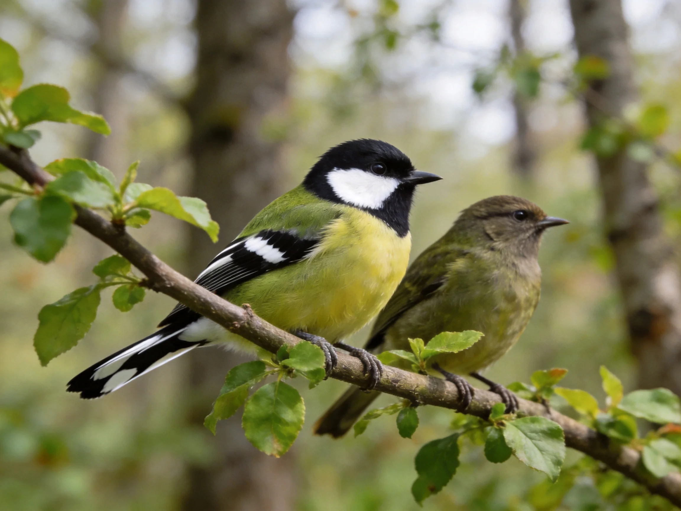 Two vibrantly colored birds perched on a leafy branch