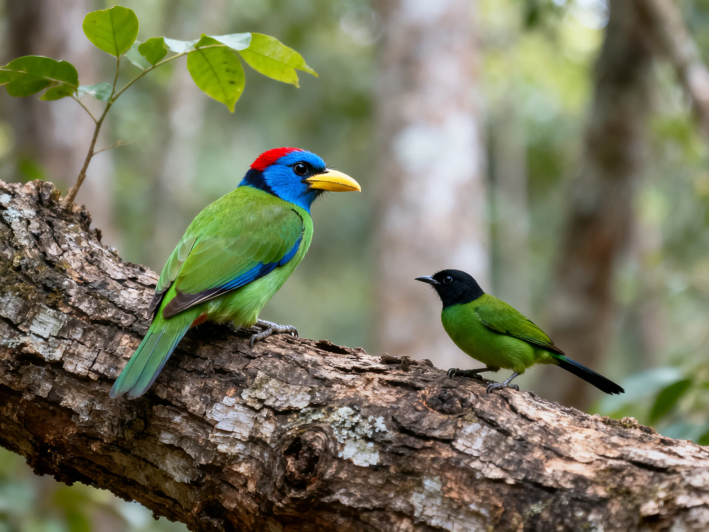 Two vibrantly colored birds sit on a thick brown tree branch
