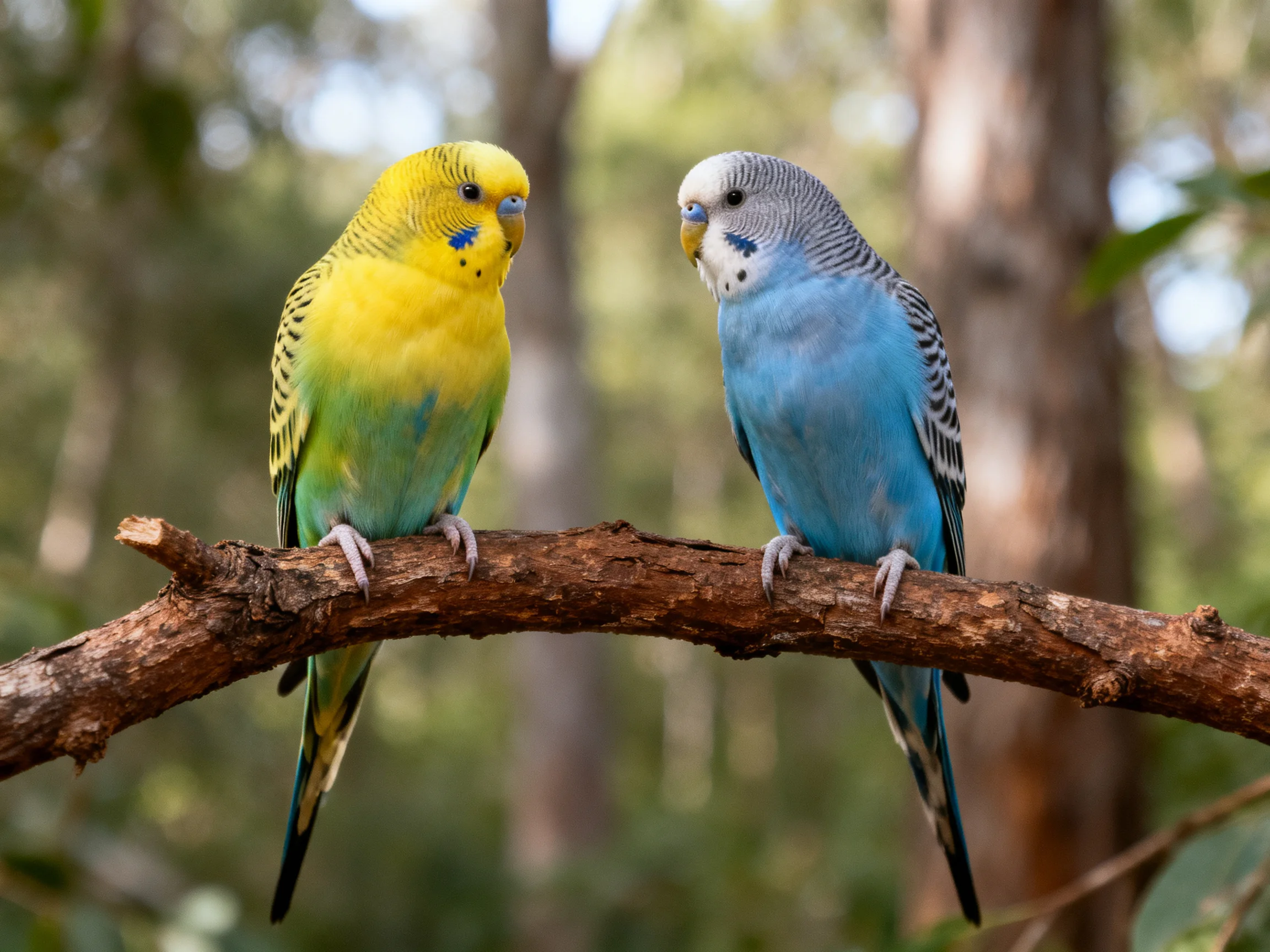 Two vibrantly colored budgerigars perch on a tree branch
