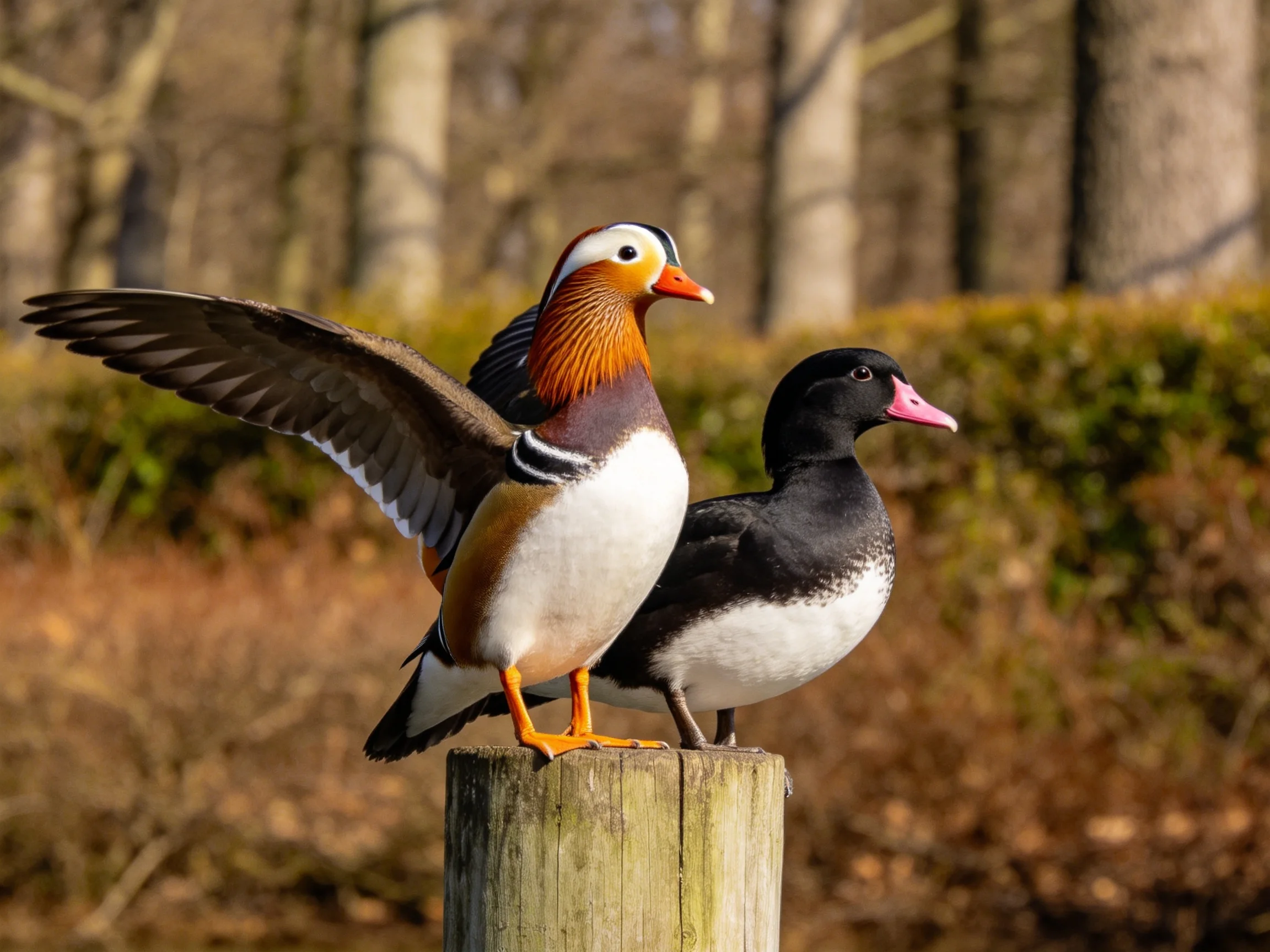 Two vibrantly colored ducks perch on a wooden post near trees
