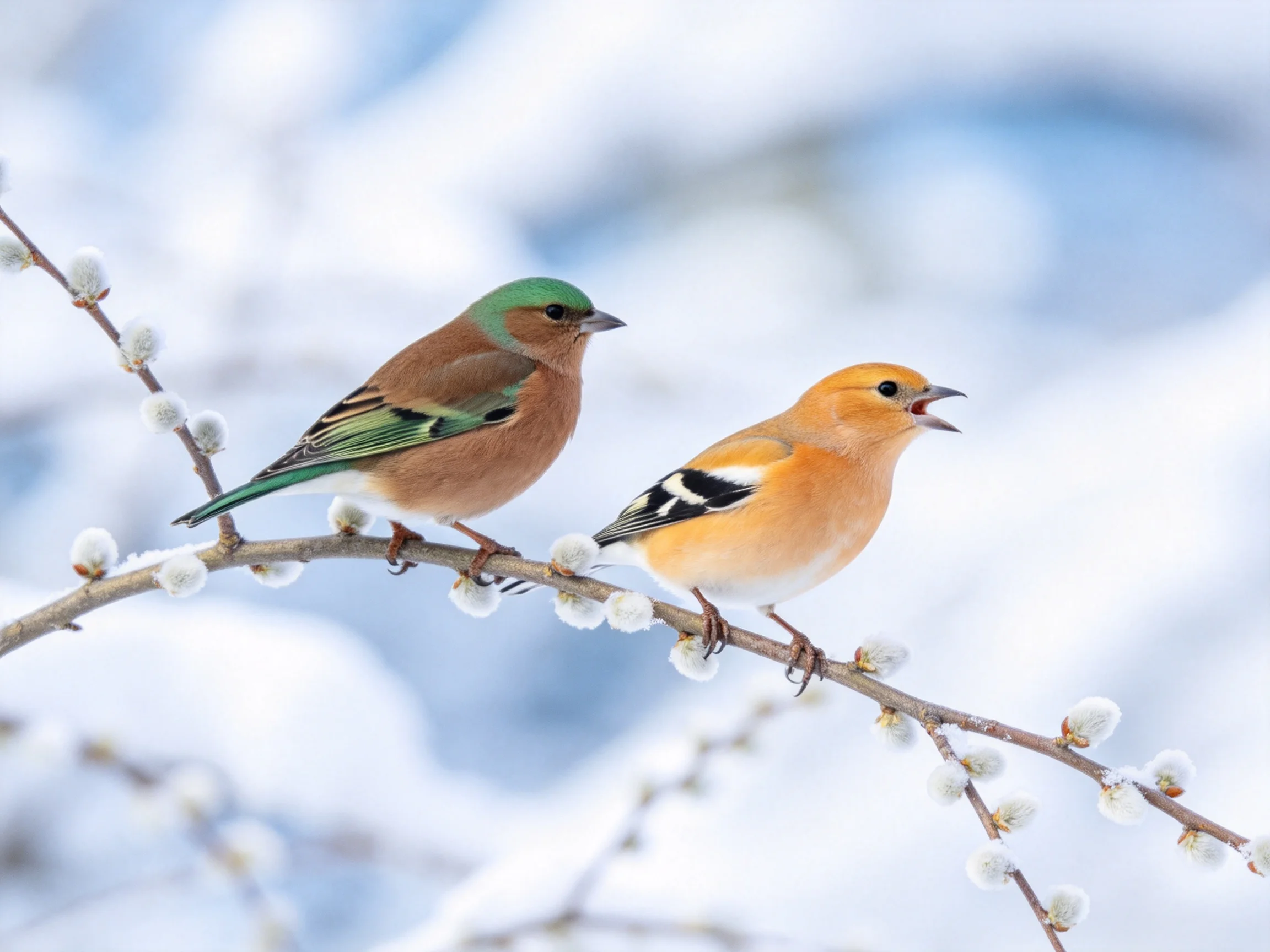 Two vibrantly colored finches perch on a snow-dusted branch with fluffy buds.