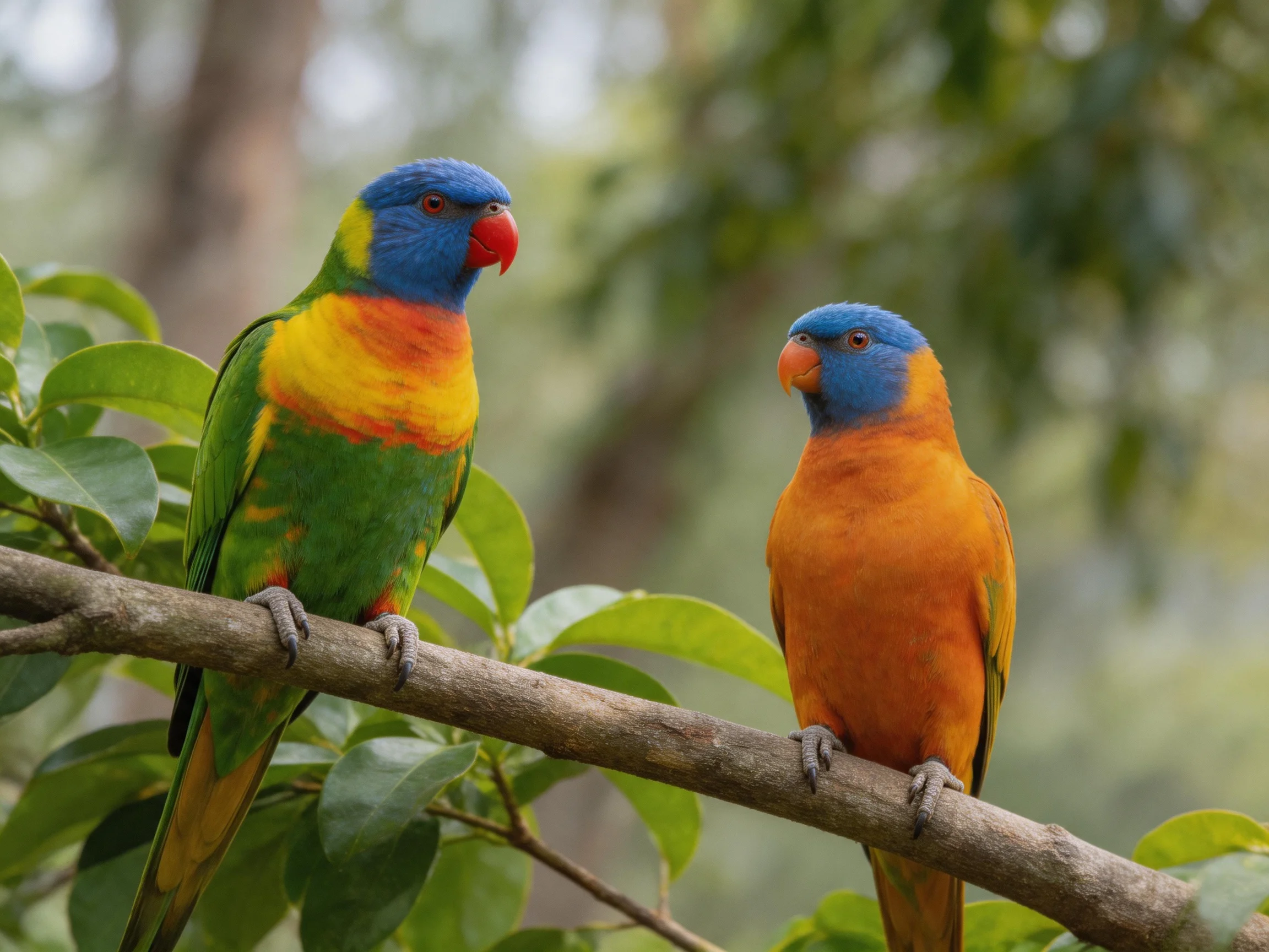 Two vibrantly colored parrots perch on a leafy tree branch