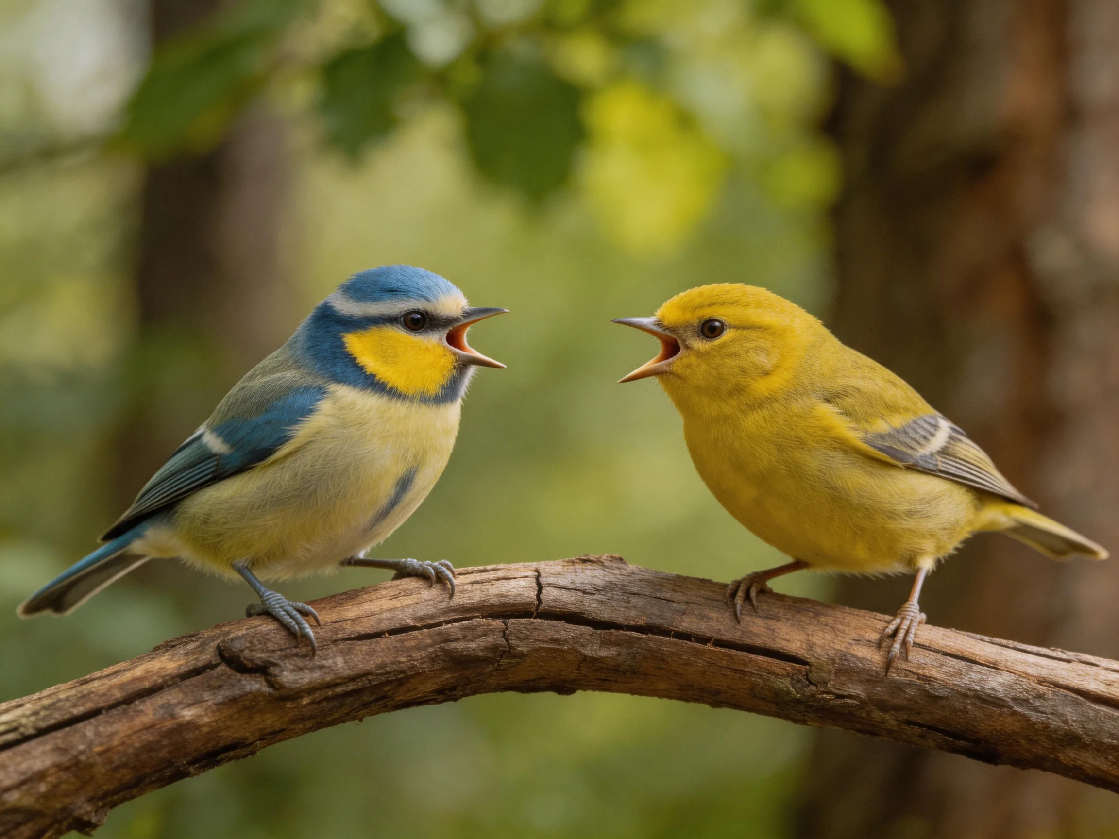 Two vibrantly colored songbirds interact on a gnarled branch