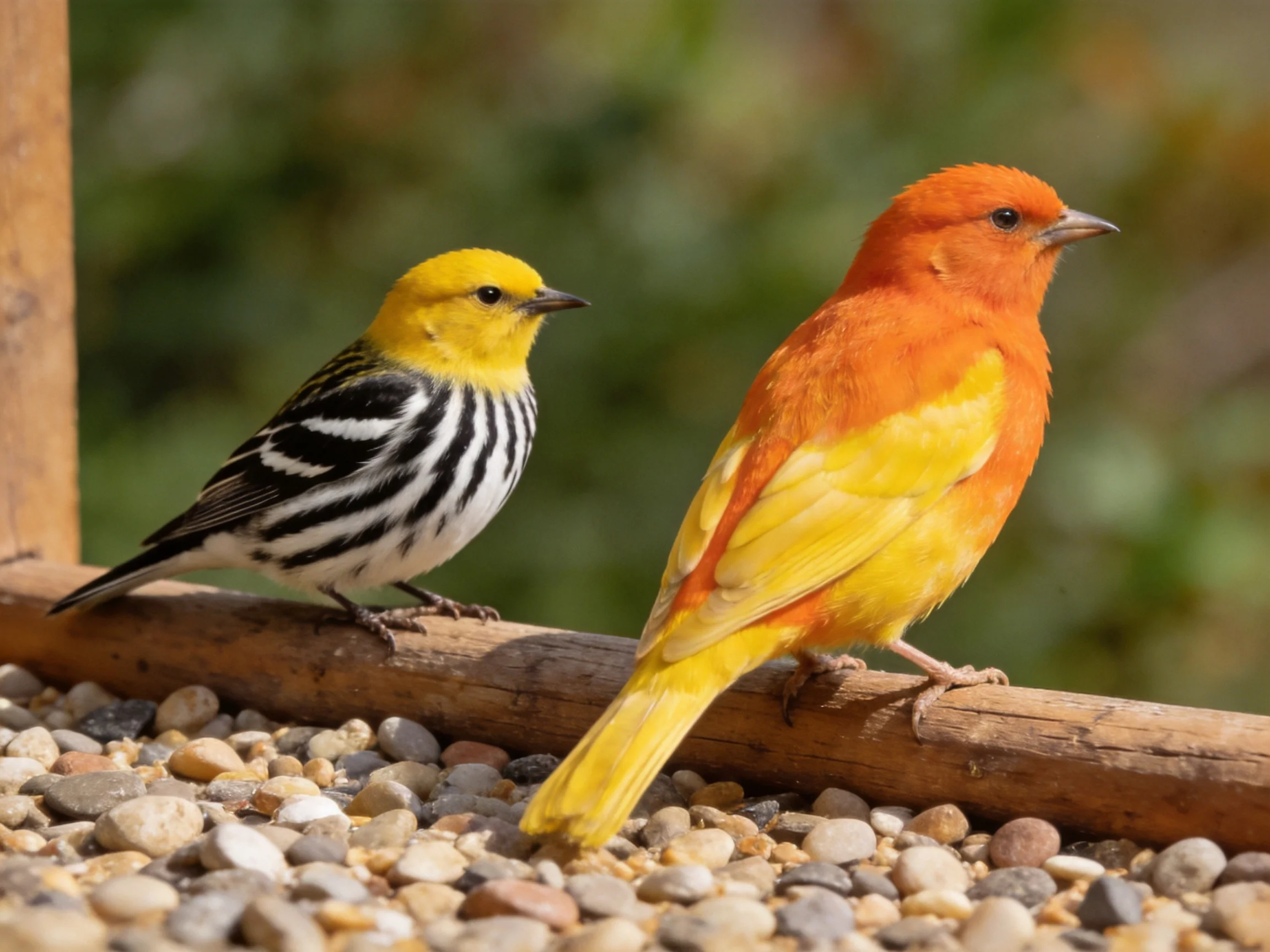 Two vibrantly colored songbirds perch on a wooden log with pebbles