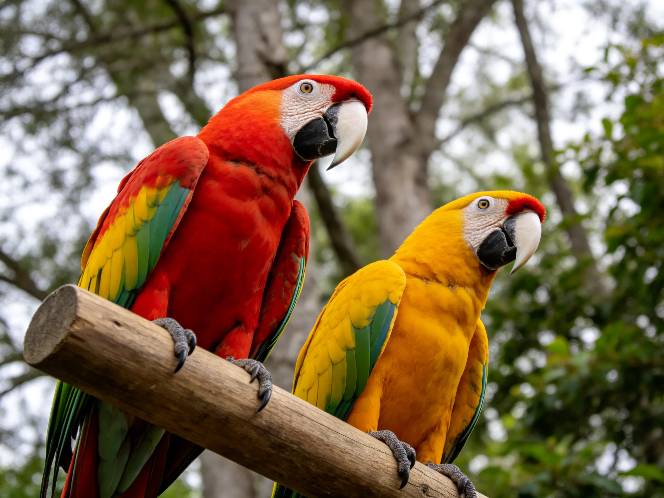 Two vividly colored macaws rest on a wooden perch near trees