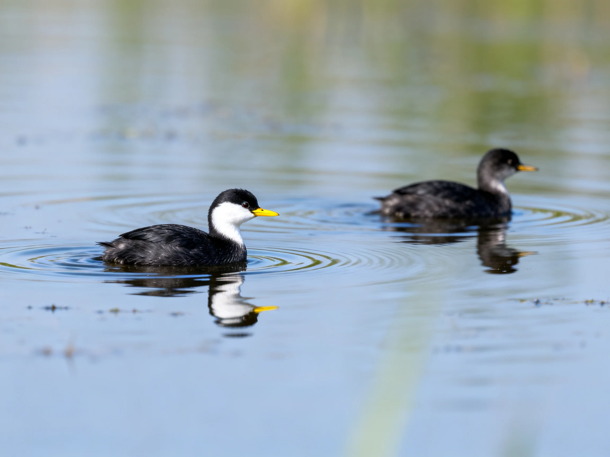 Two waterbirds with contrasting plumages swim in calm water