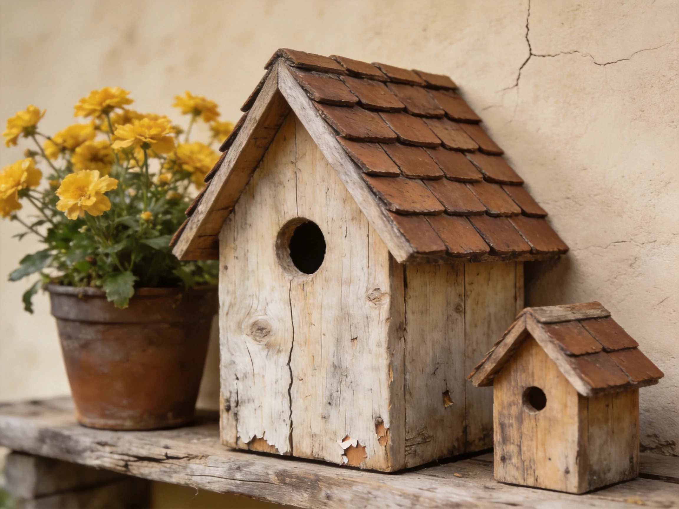 Two weathered wooden birdhouses, vibrant yellow potted flowers, rustic wooden shelf