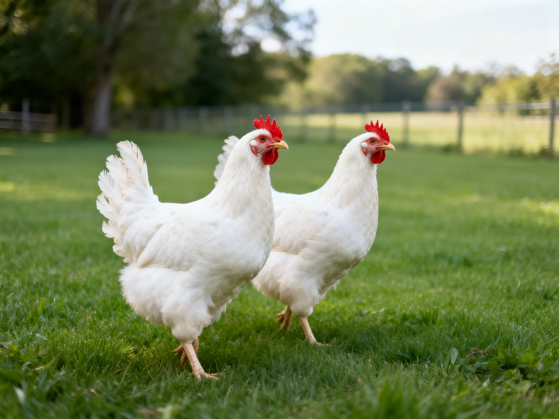 Two white chickens walk on bright green grass in a sunny field