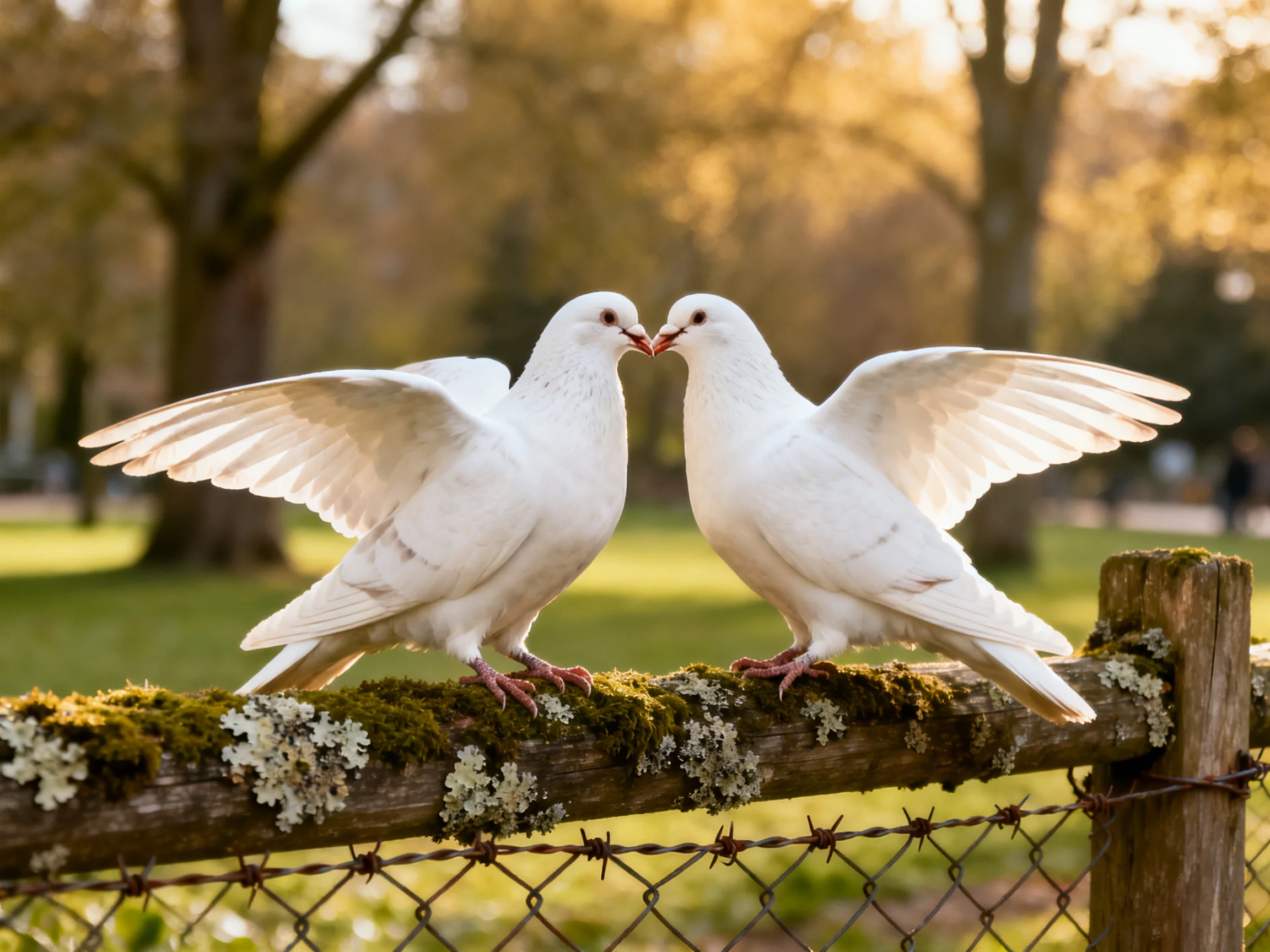 Two white doves interact on a mossy wooden fence