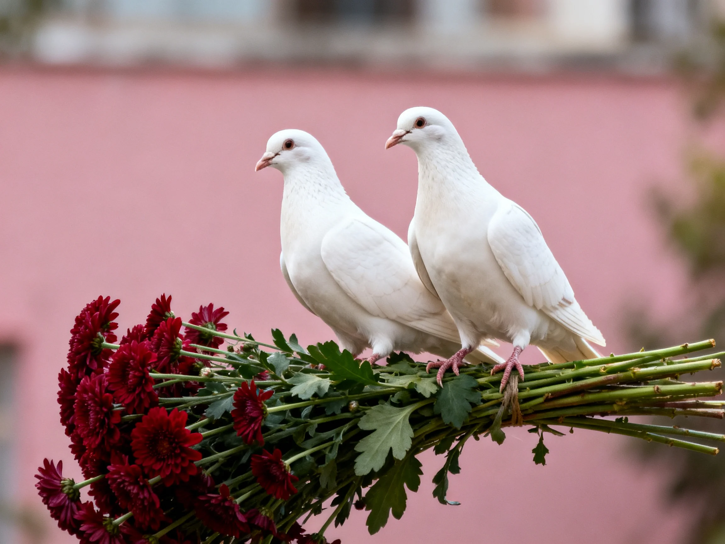 Two white doves perch on a bouquet of dark red flowers