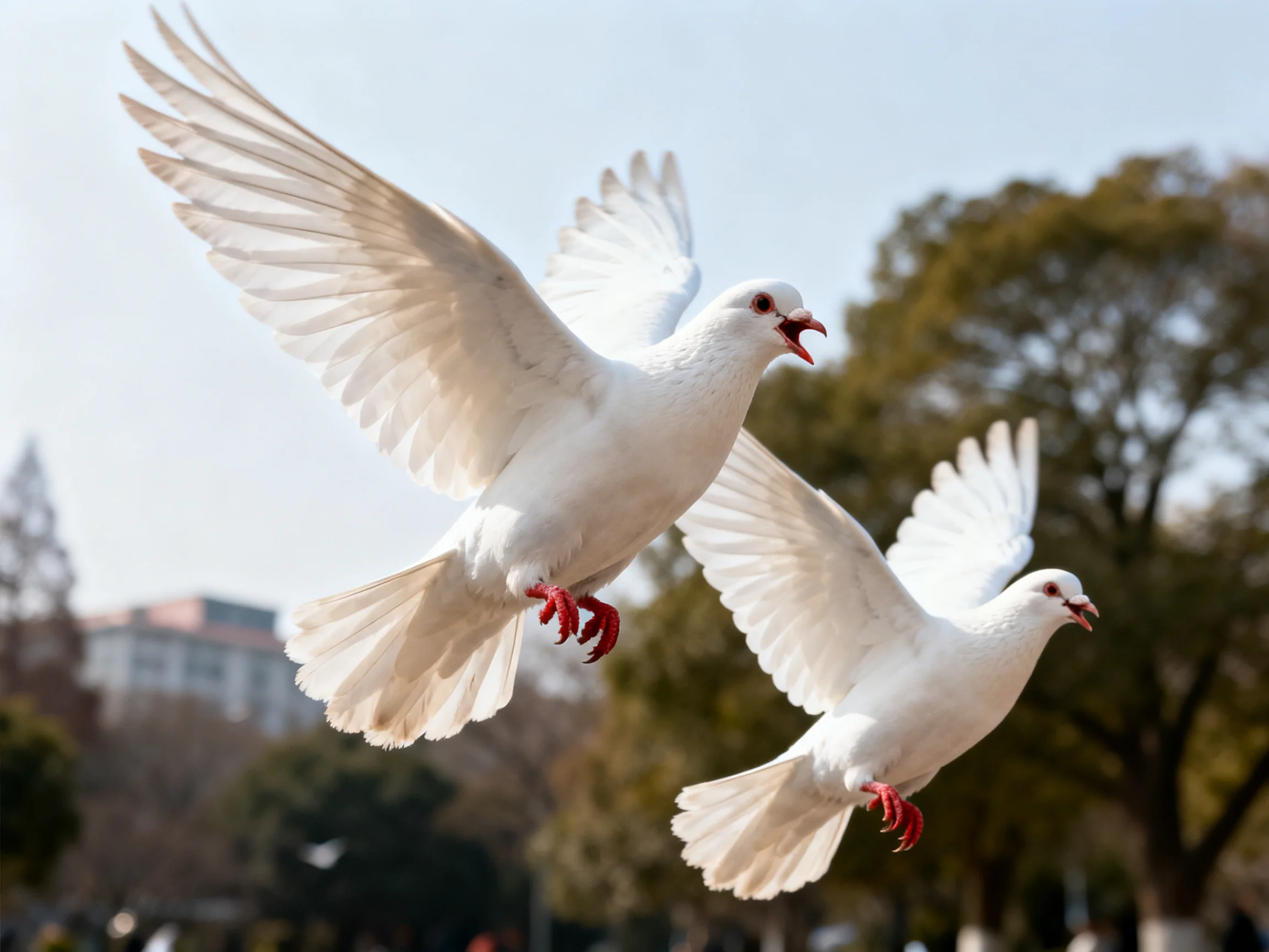 Two white doves soaring mid-air with outstretched wings