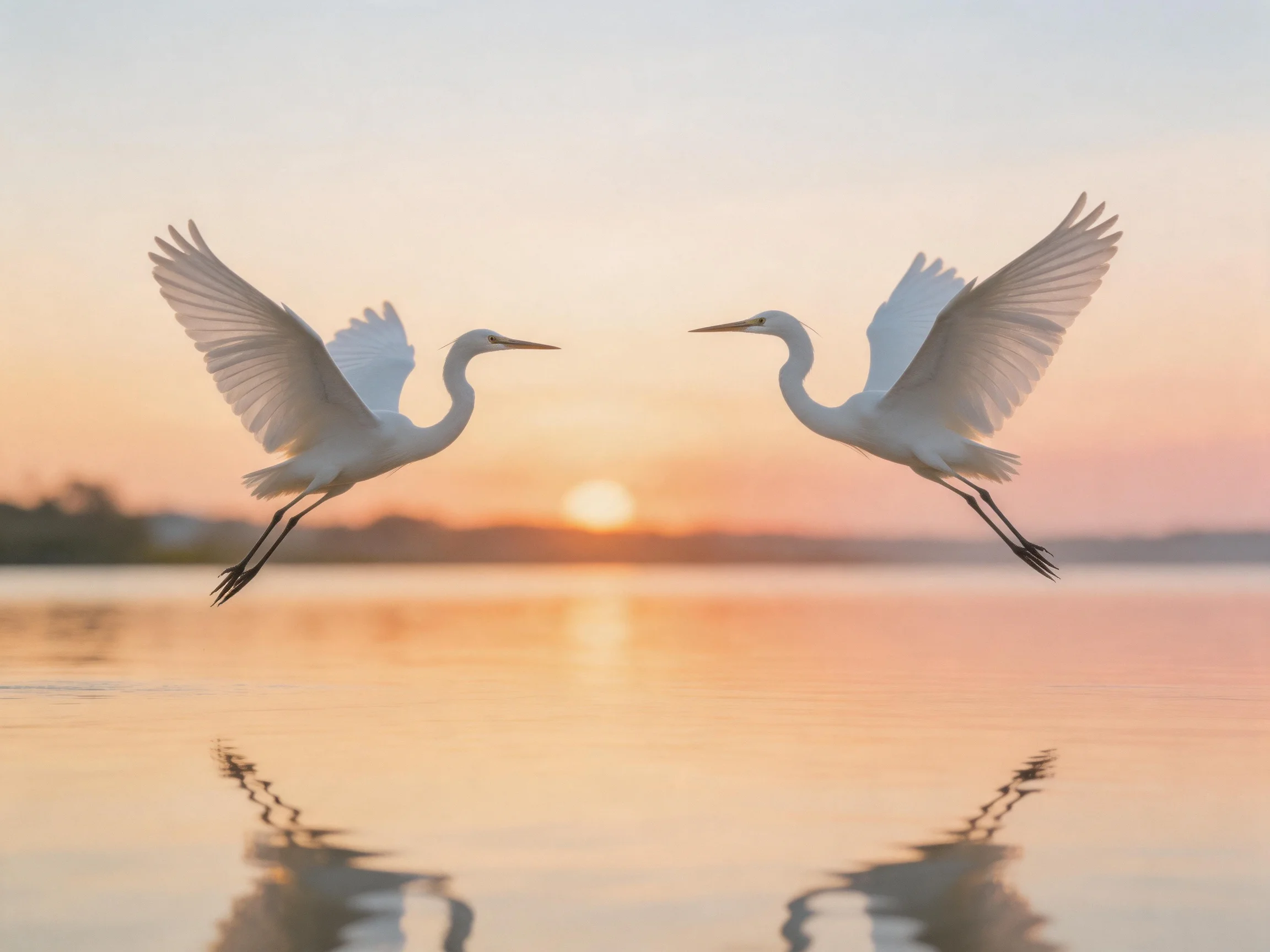 Two white egrets fly over still water at sunset