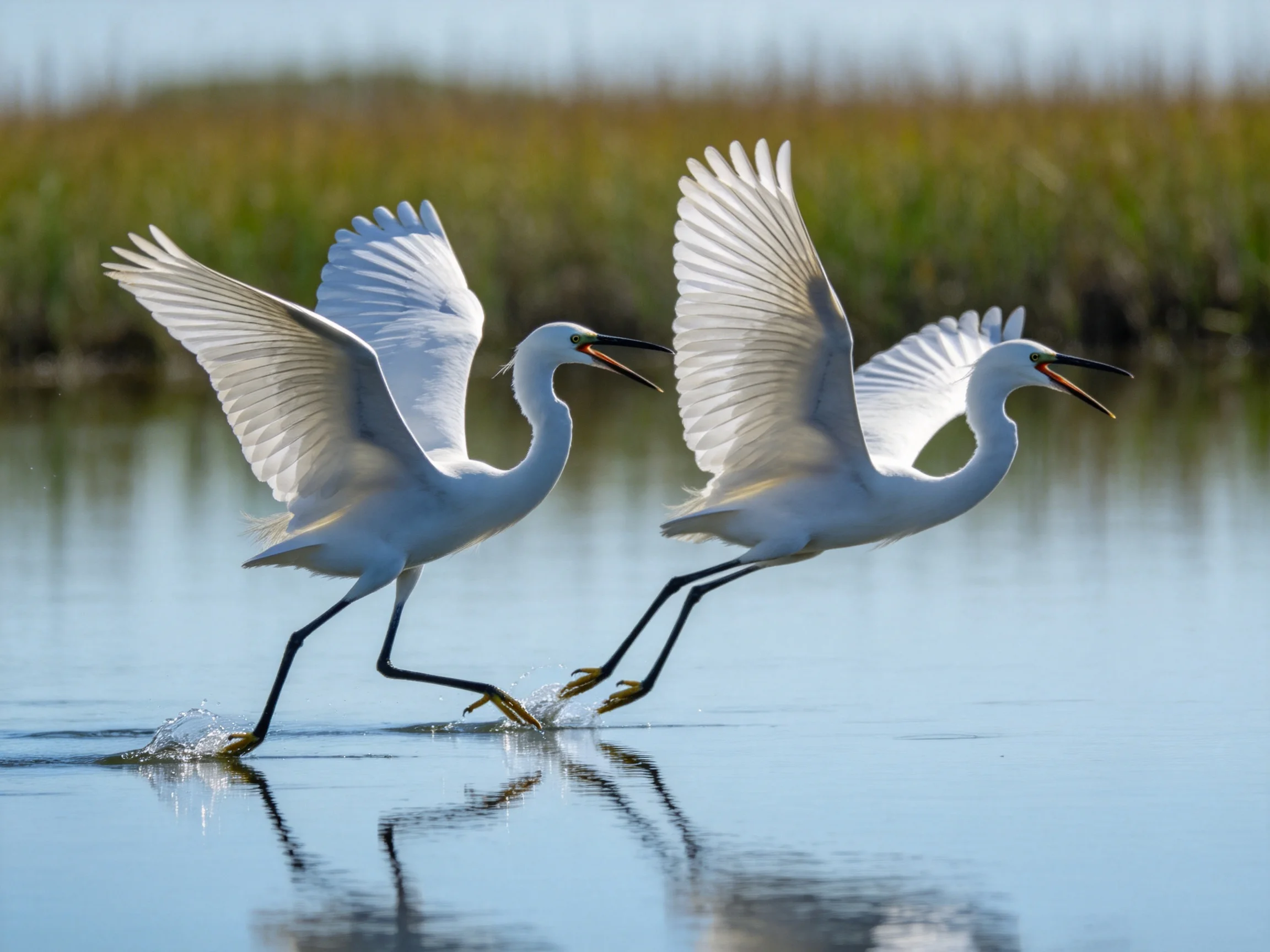 Two white egrets leap from shallow water with outstretched wings