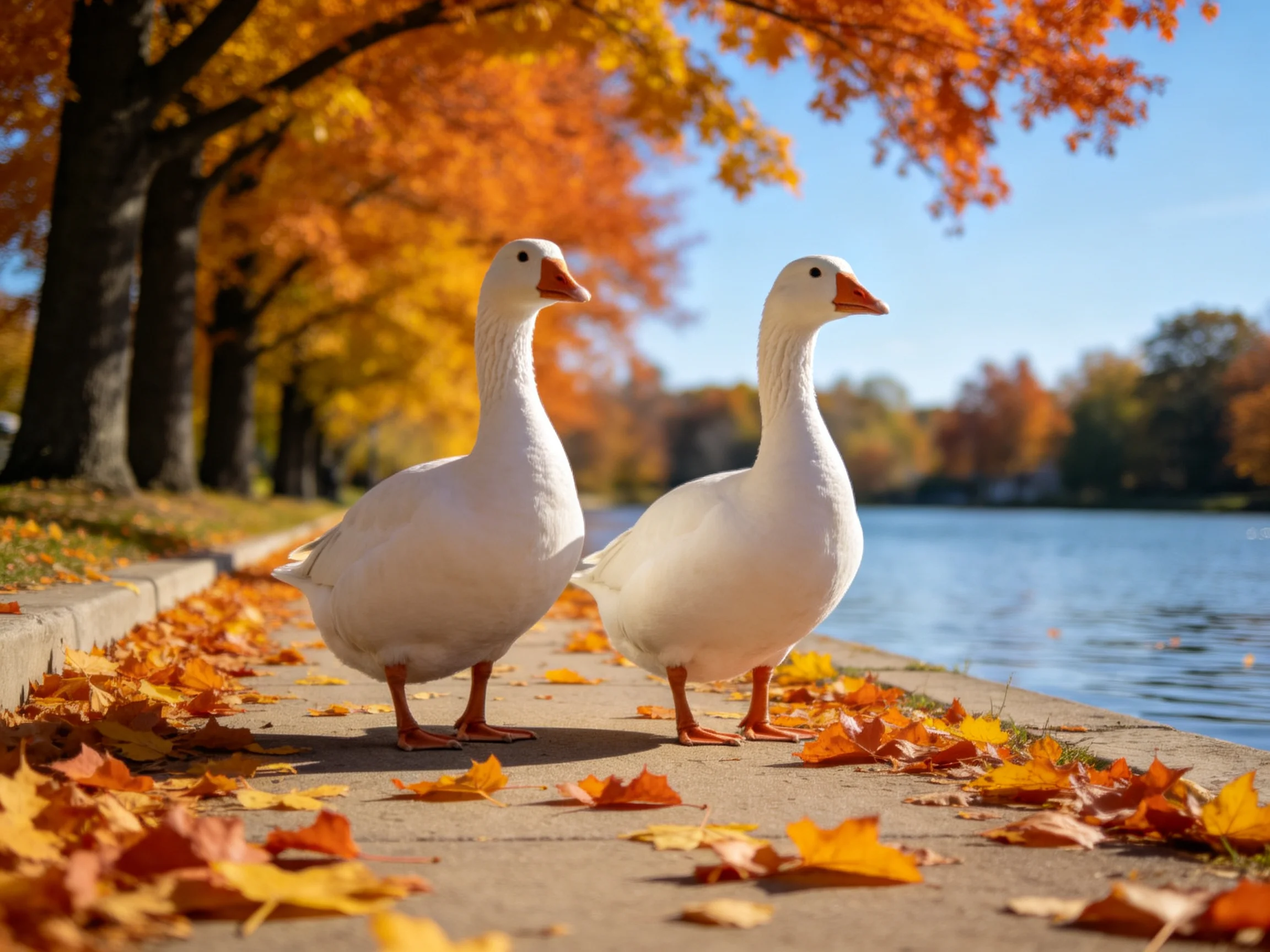 Two white geese on a leaf-strewn path beside a calm lake in autumn