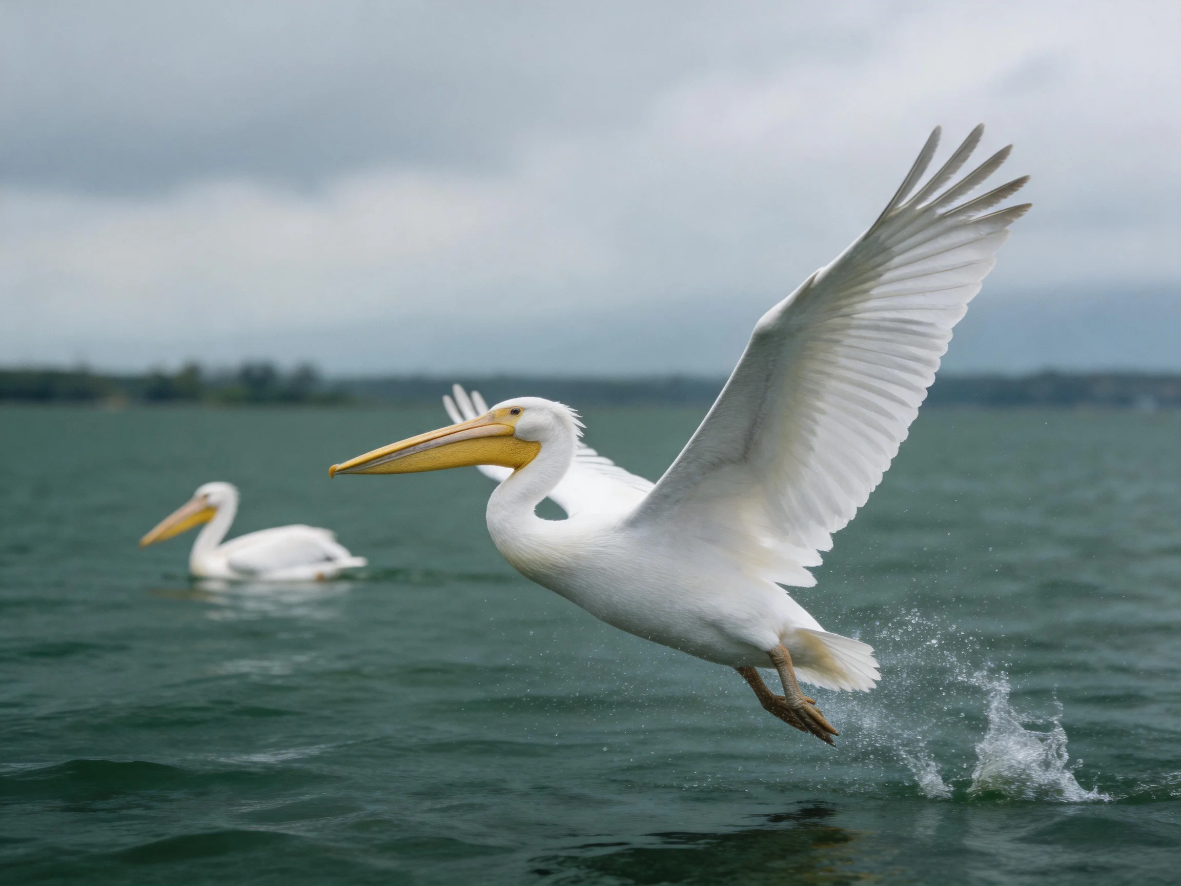 Two white pelicans by a body of water; one launching into flight, one swimming.
