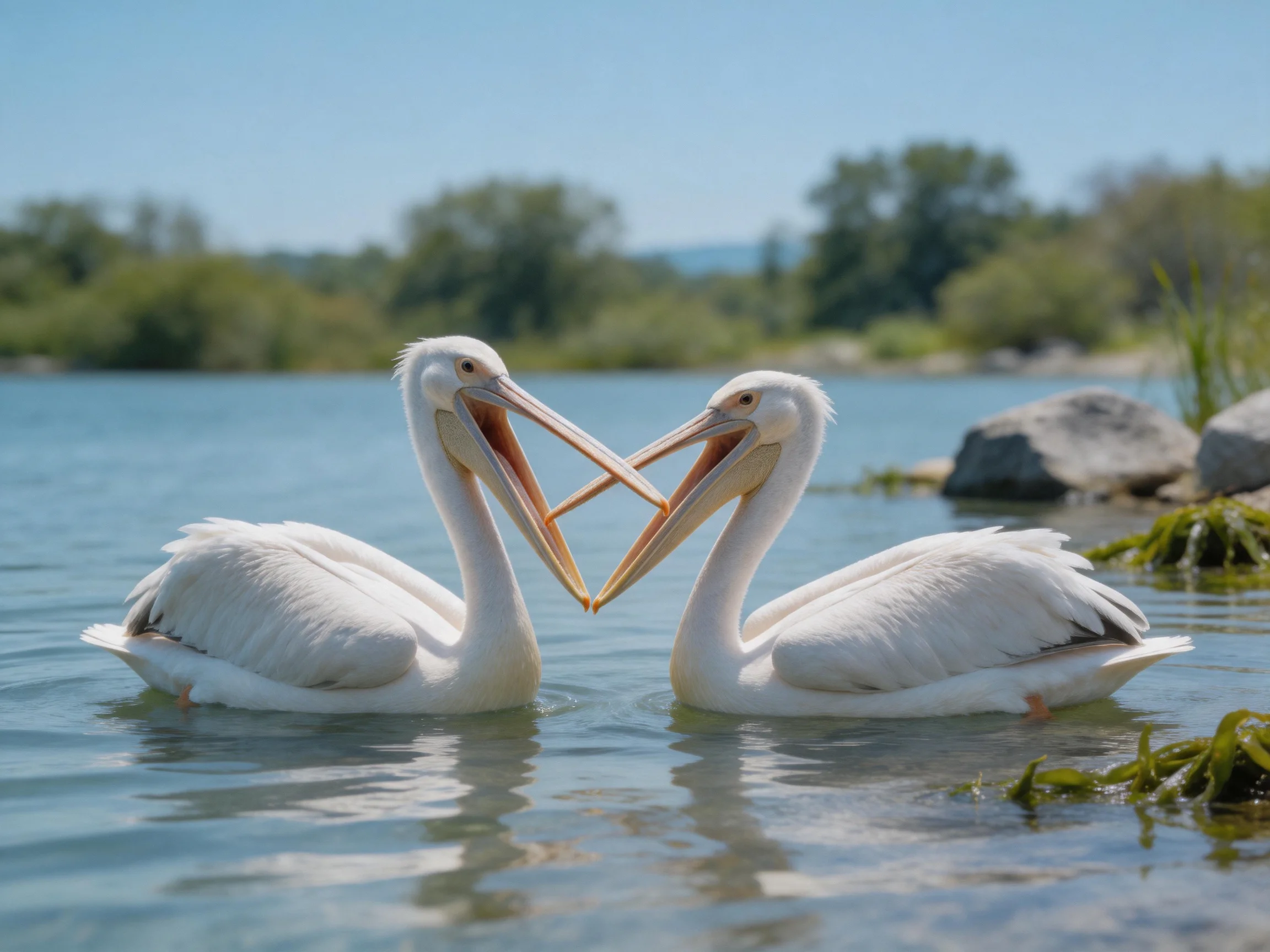 Two white pelicans form heart shapes with beaks in calm water