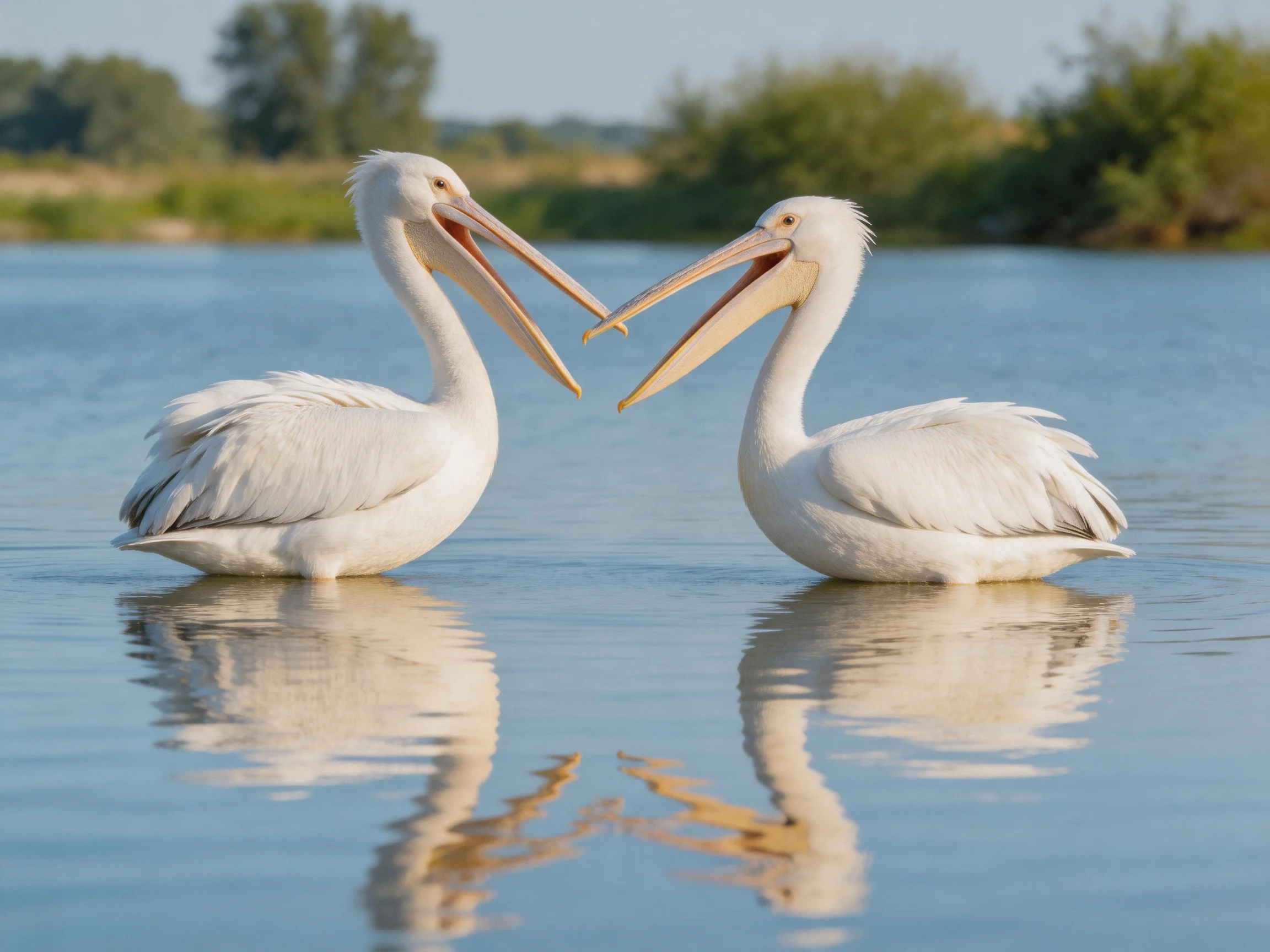Two white pelicans interact closely in calm blue water