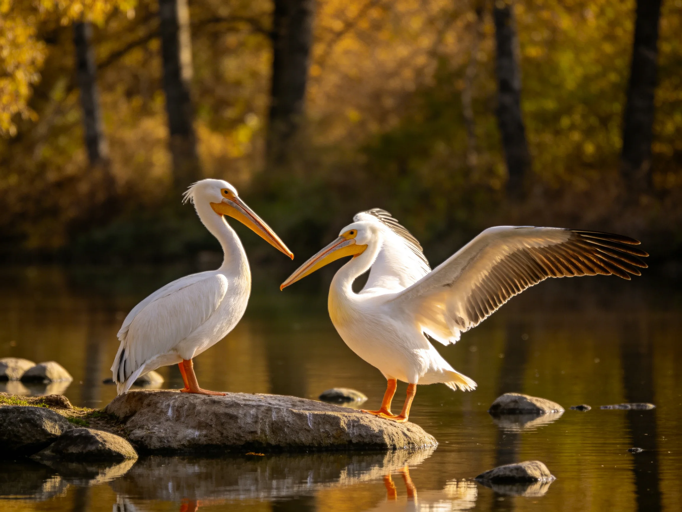 Two white pelicans on a rock by a pond with autumn trees