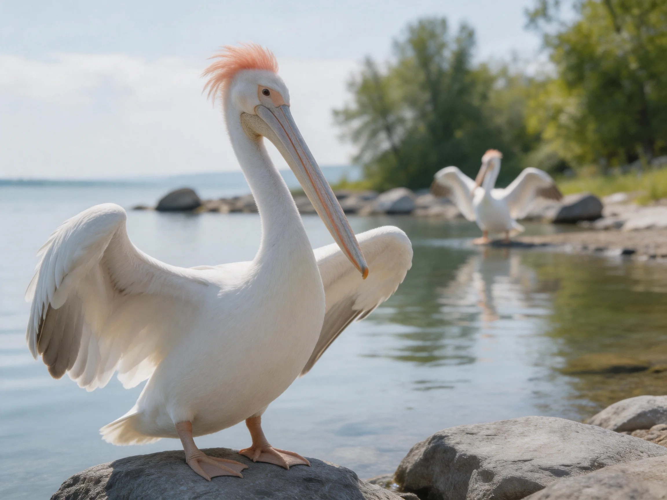 Two white pelicans on rocky shore by calm water with green foliage