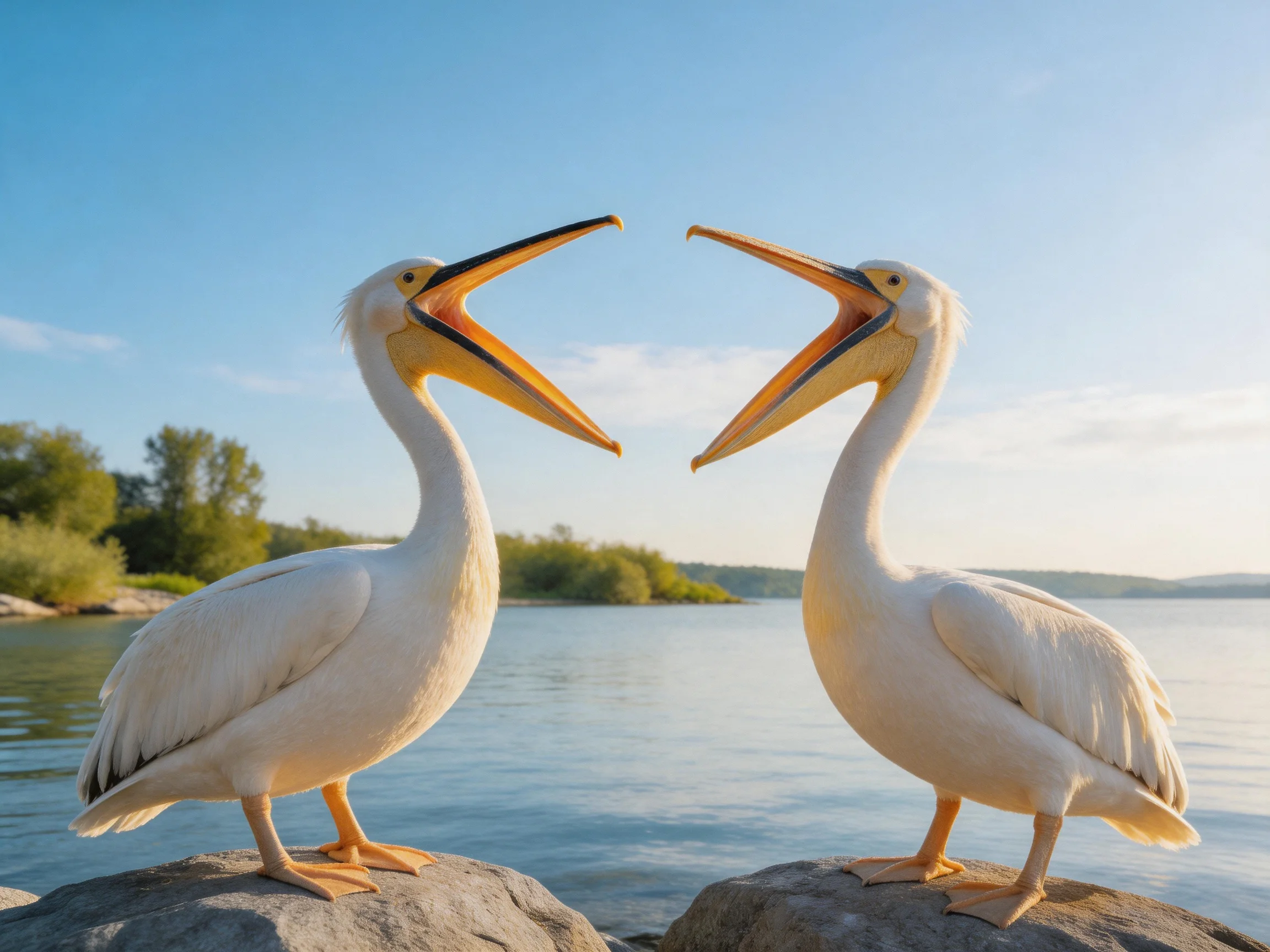 Two white pelicans with open beaks by calm water