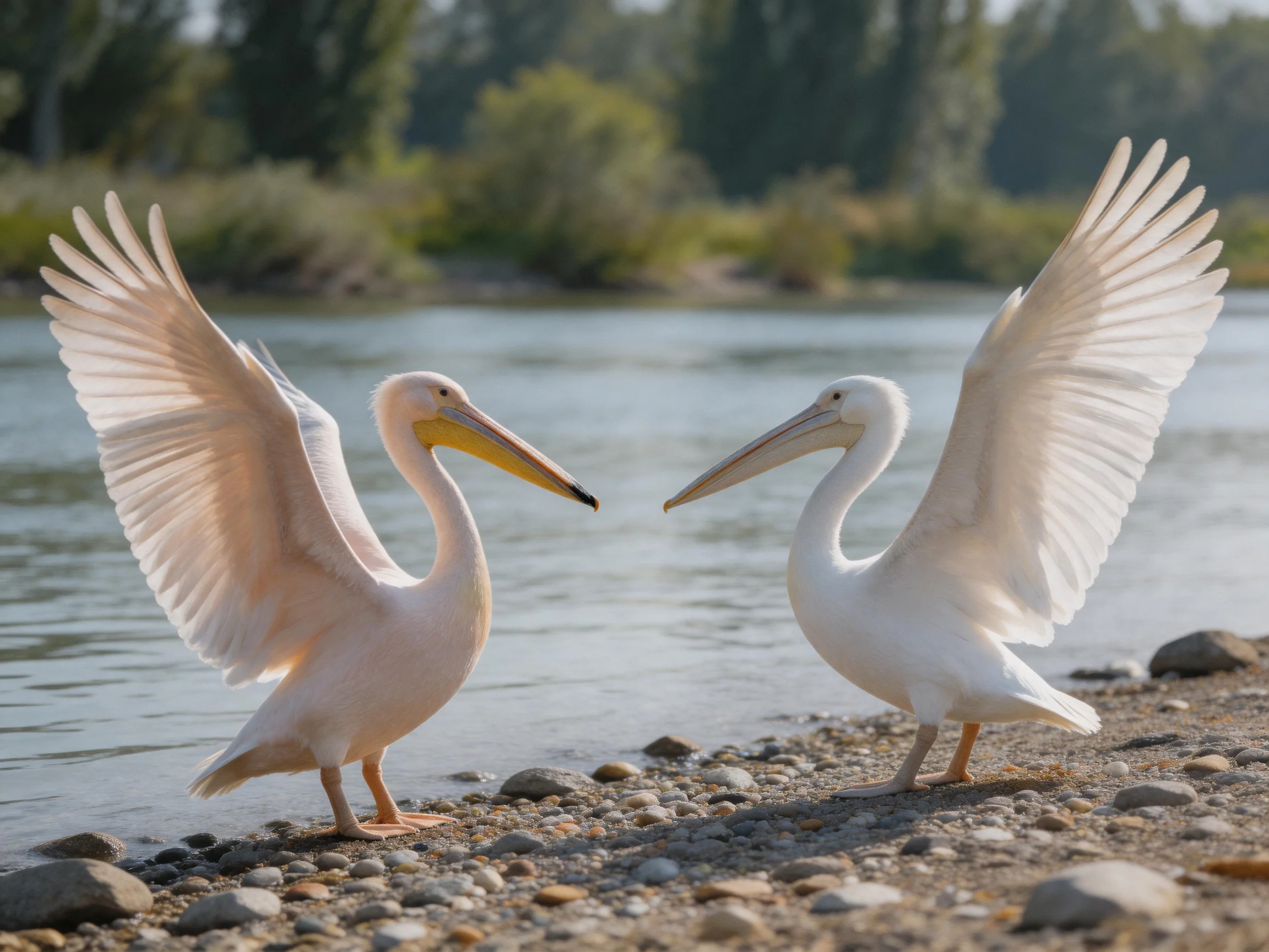 Two white pelicans with outstretched wings by a riverbank