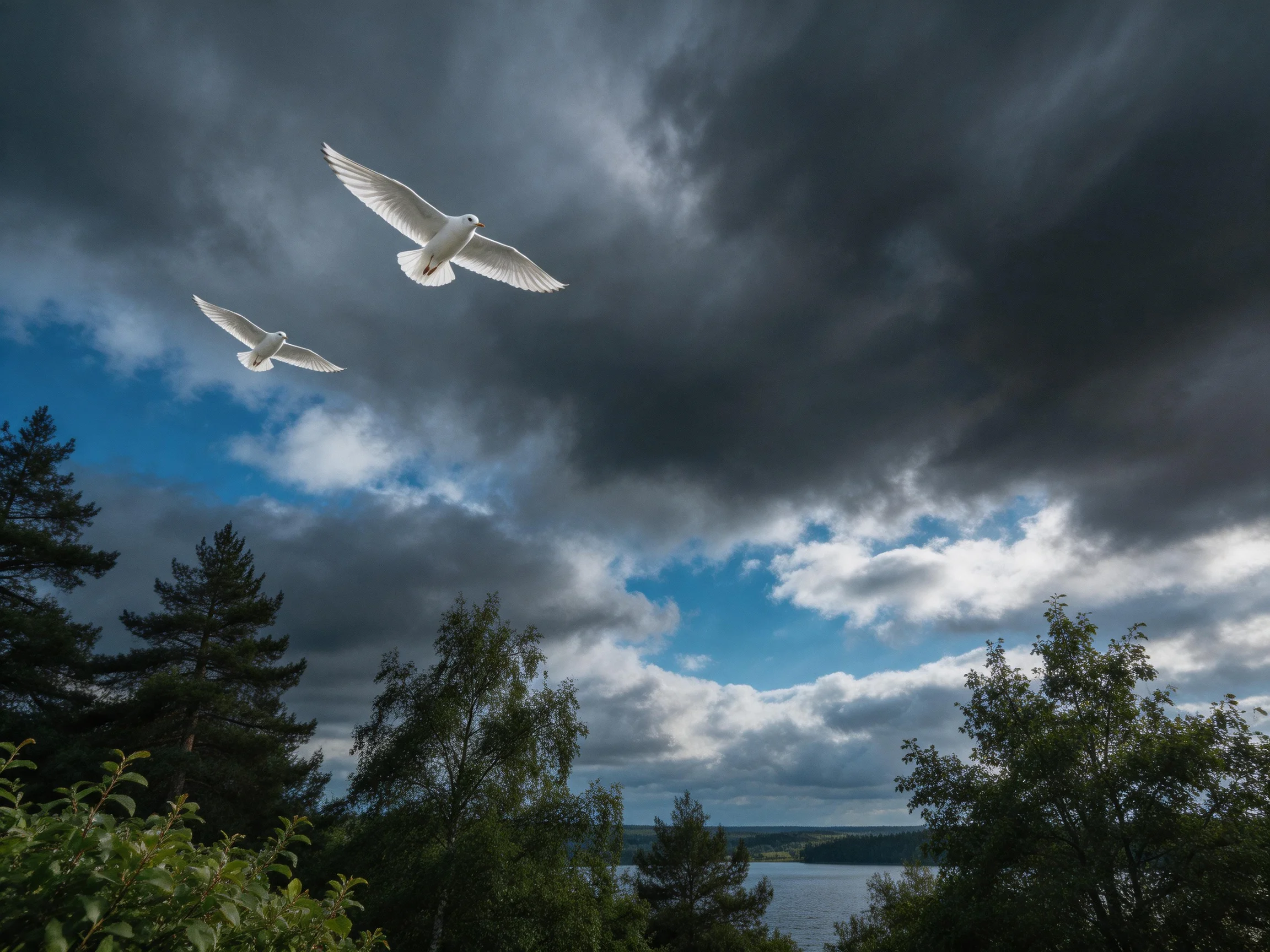 Two white seabirds soar above dark storm clouds over forested terrain
