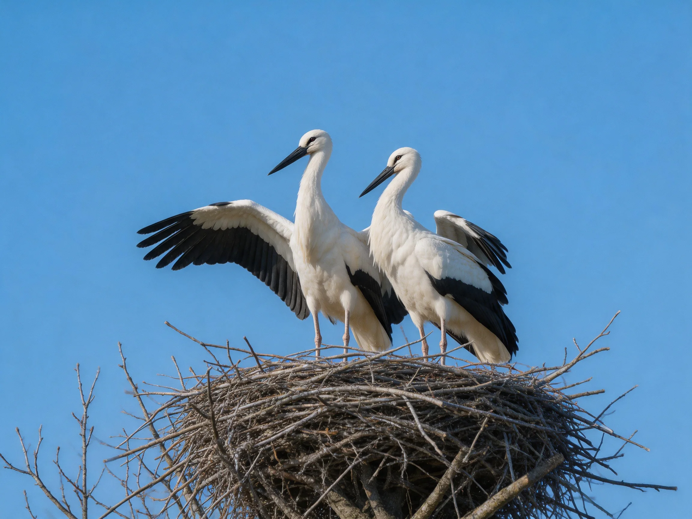 Two white storks with black wings in a large nest under clear blue sky
