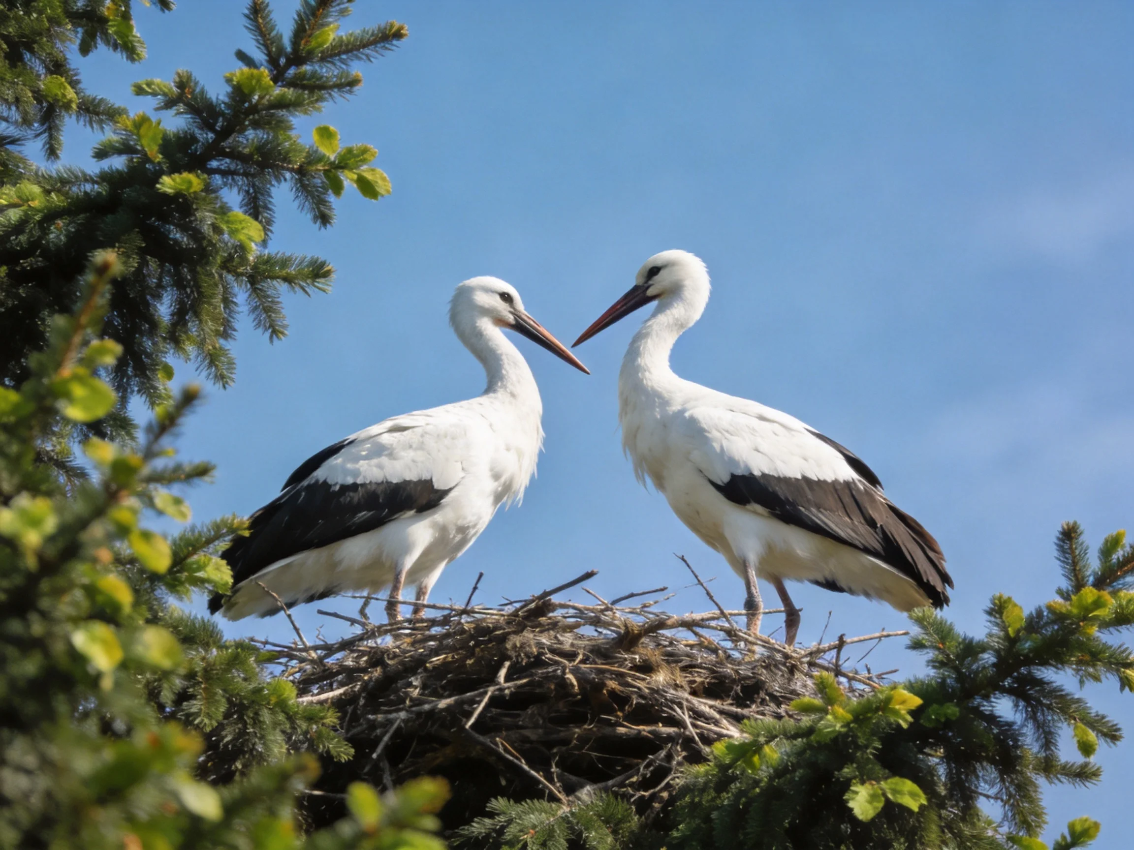 Two white storks with black wings are near a twig nest in a tree.