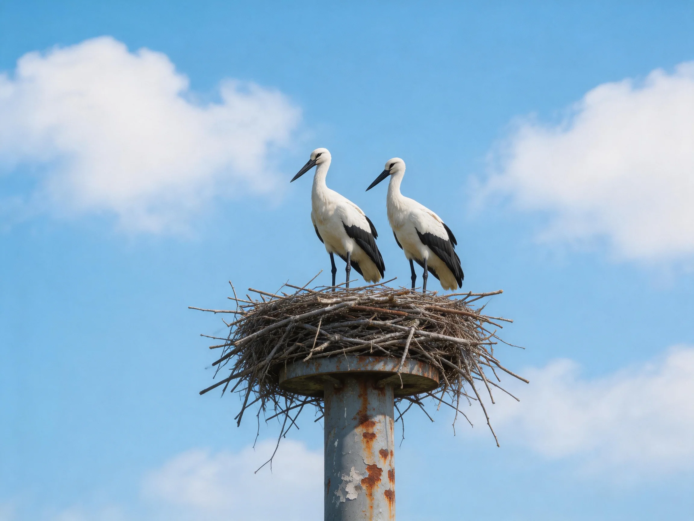 Two white storks with black wings in a twig nest on a rusted pole