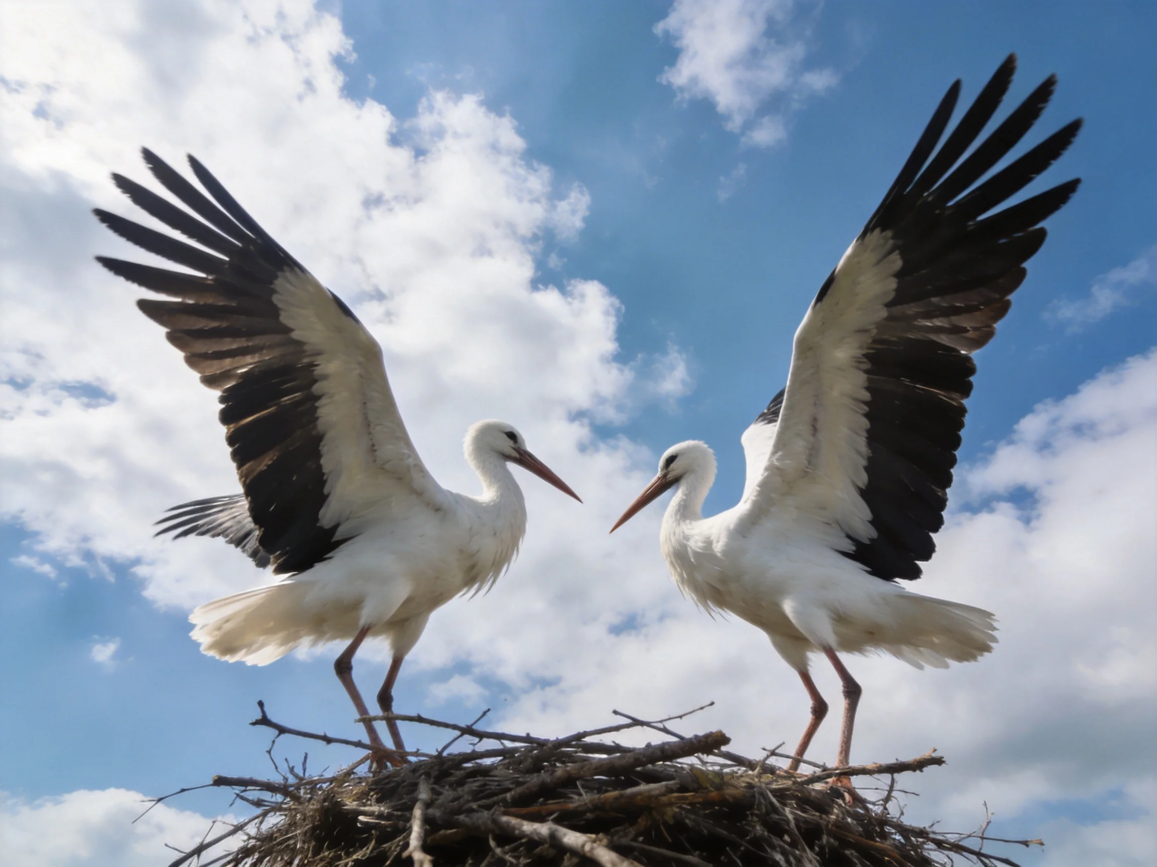 Two white storks with black wings interact in a large nest under blue sky