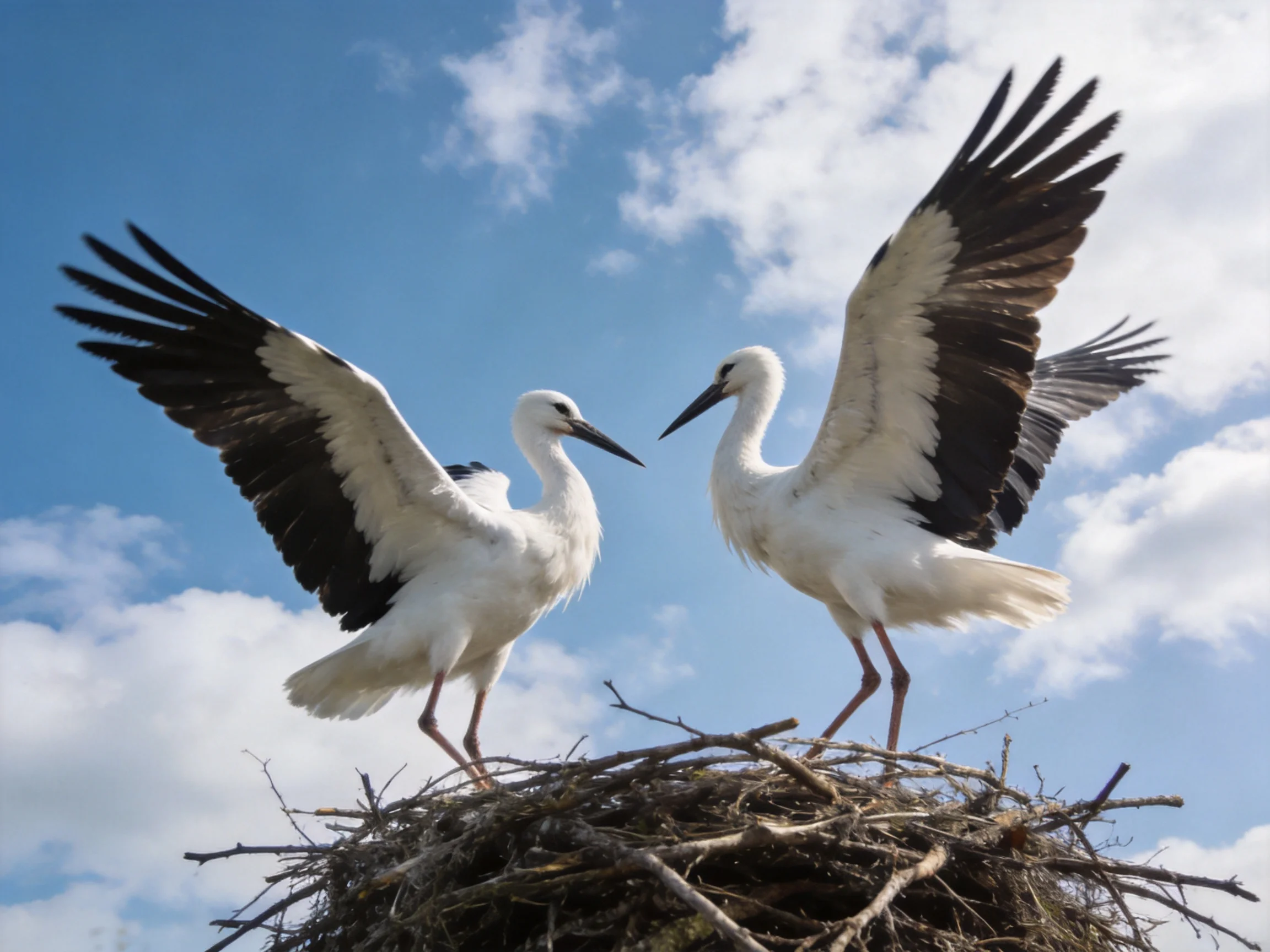 Two white storks with black wings interacting in a large nest under blue sky