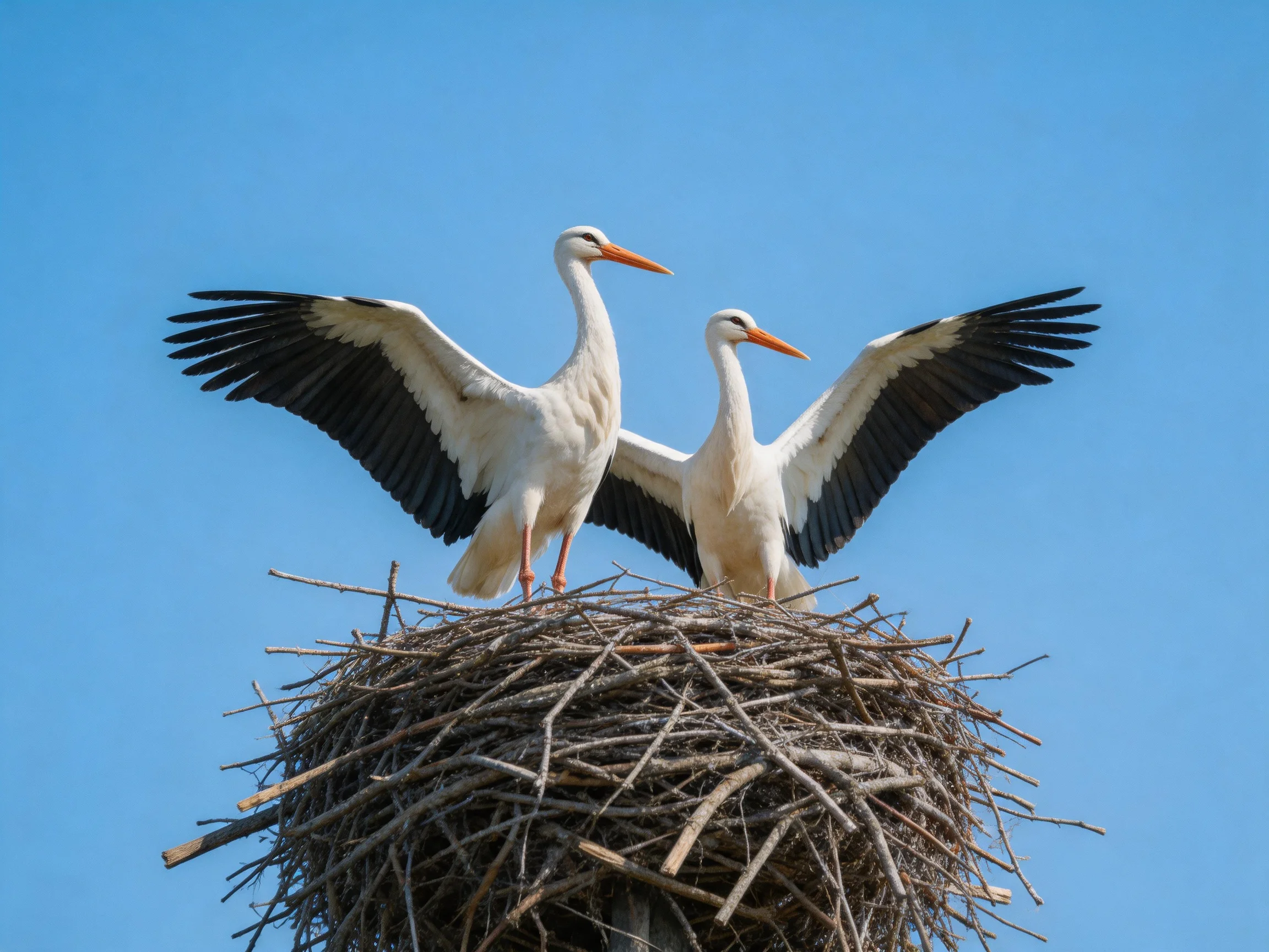 Two white storks with black wings on a large stick nest under clear blue sky